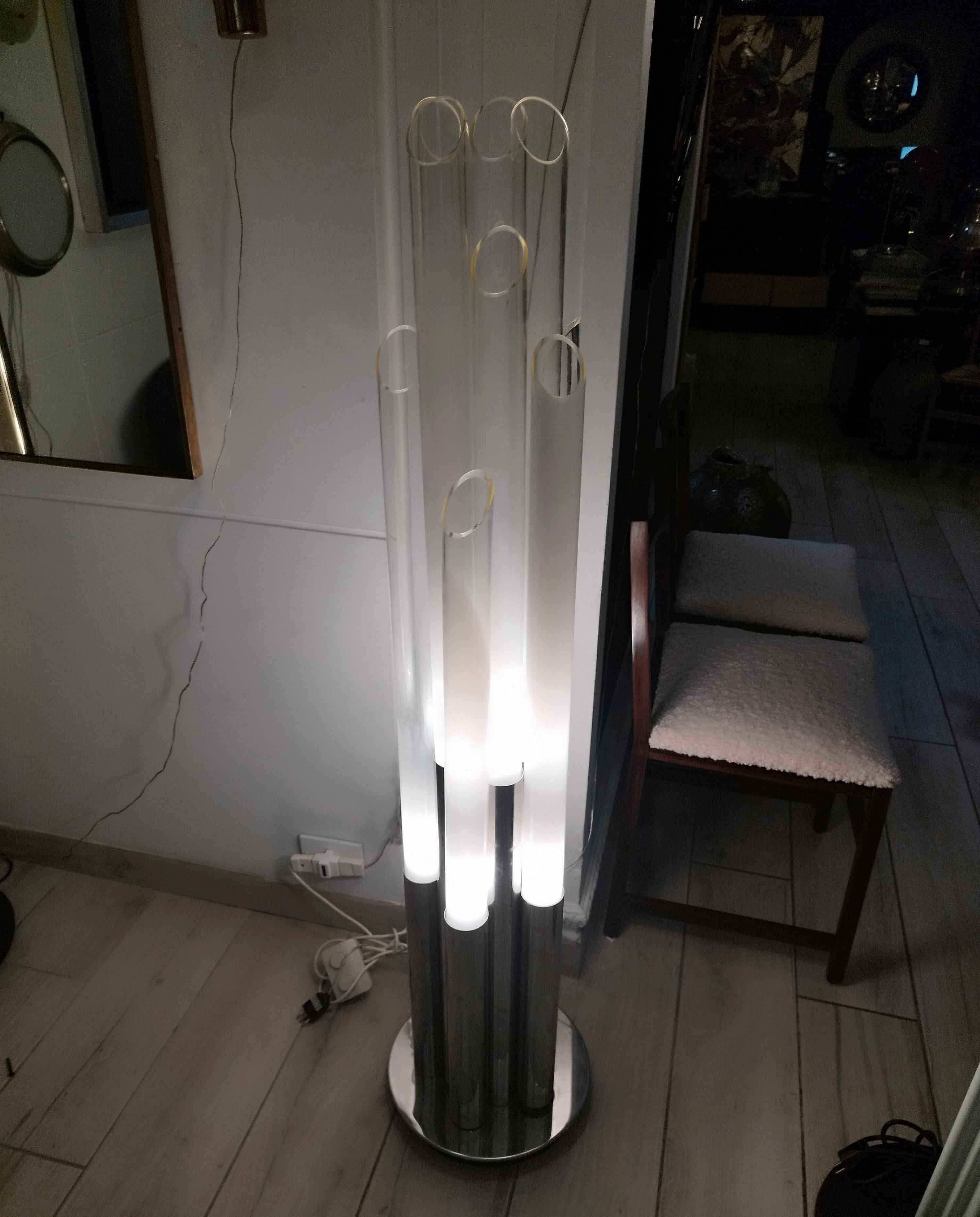 Late 20th Century Carlo Nason Chromed Metal and Murano Glass Floor Lamp, Italy 1970s For Sale