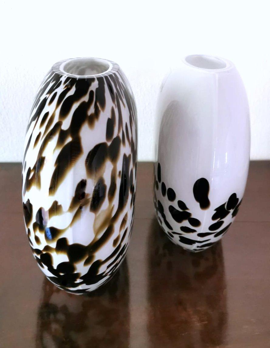 Italian Carlo Nason Design Pair Vases Murano White Glass Leopard Print
