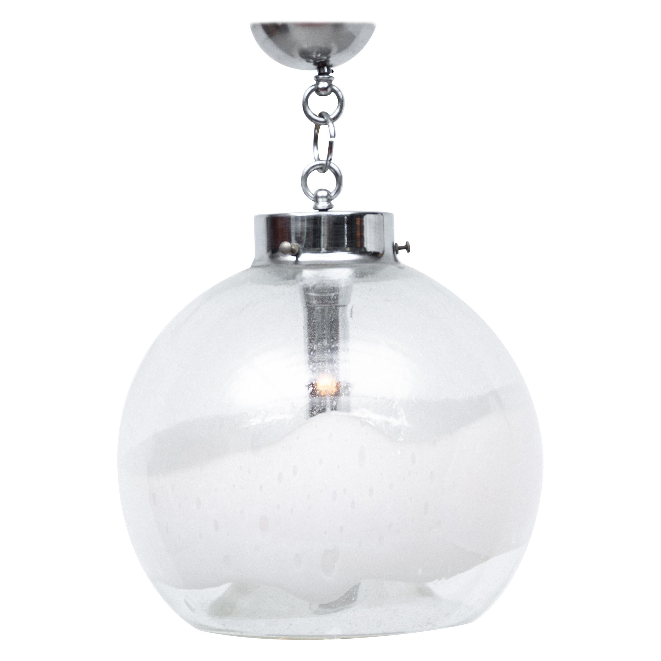 Carlo Nason for Mazzega Clear and White Hand Blown Glass & Chrome Pendant Light For Sale