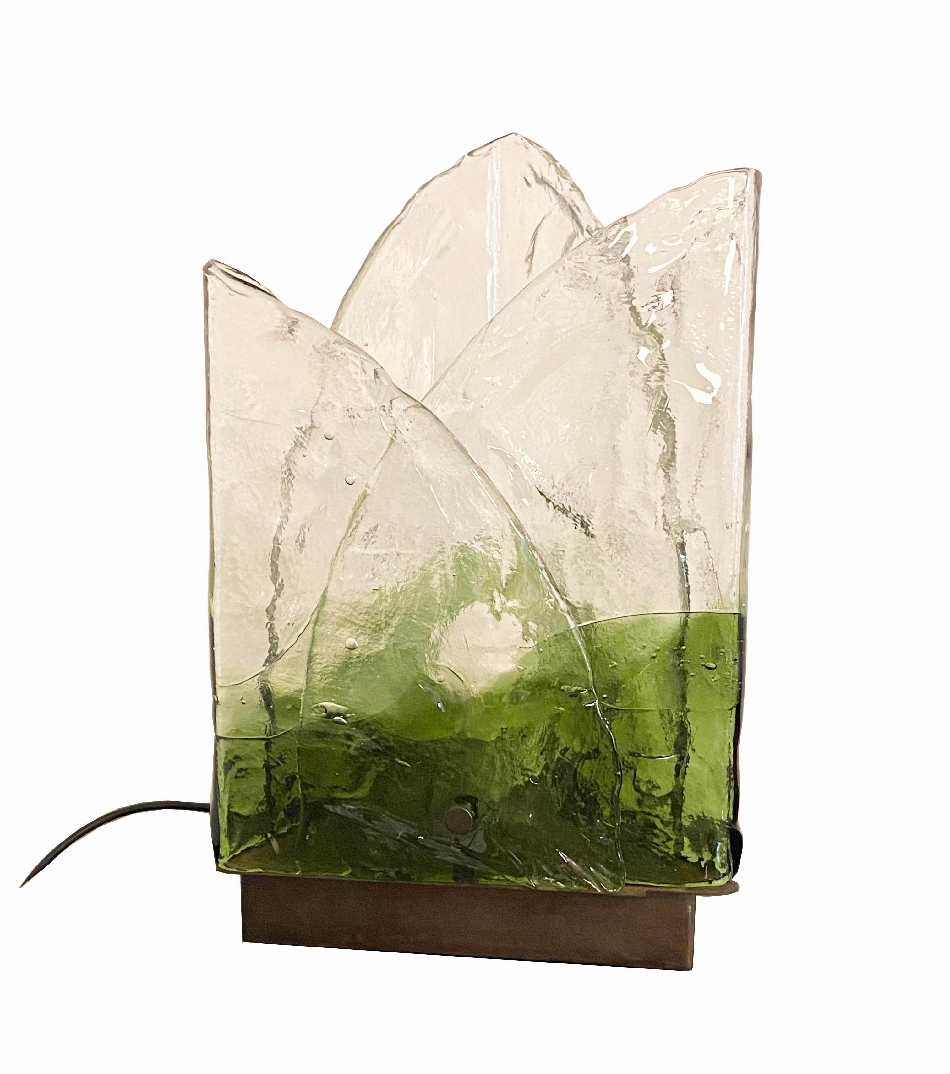 Rare green and clear Murano glass and brass base table lamp by the designer Carlo Nason for Mazzega. Famous design like Aldo Nason, Venini, Vistosi, La Murrina, Toni Zuccheri for VeArt, Poliarte, Hollywood Regency.