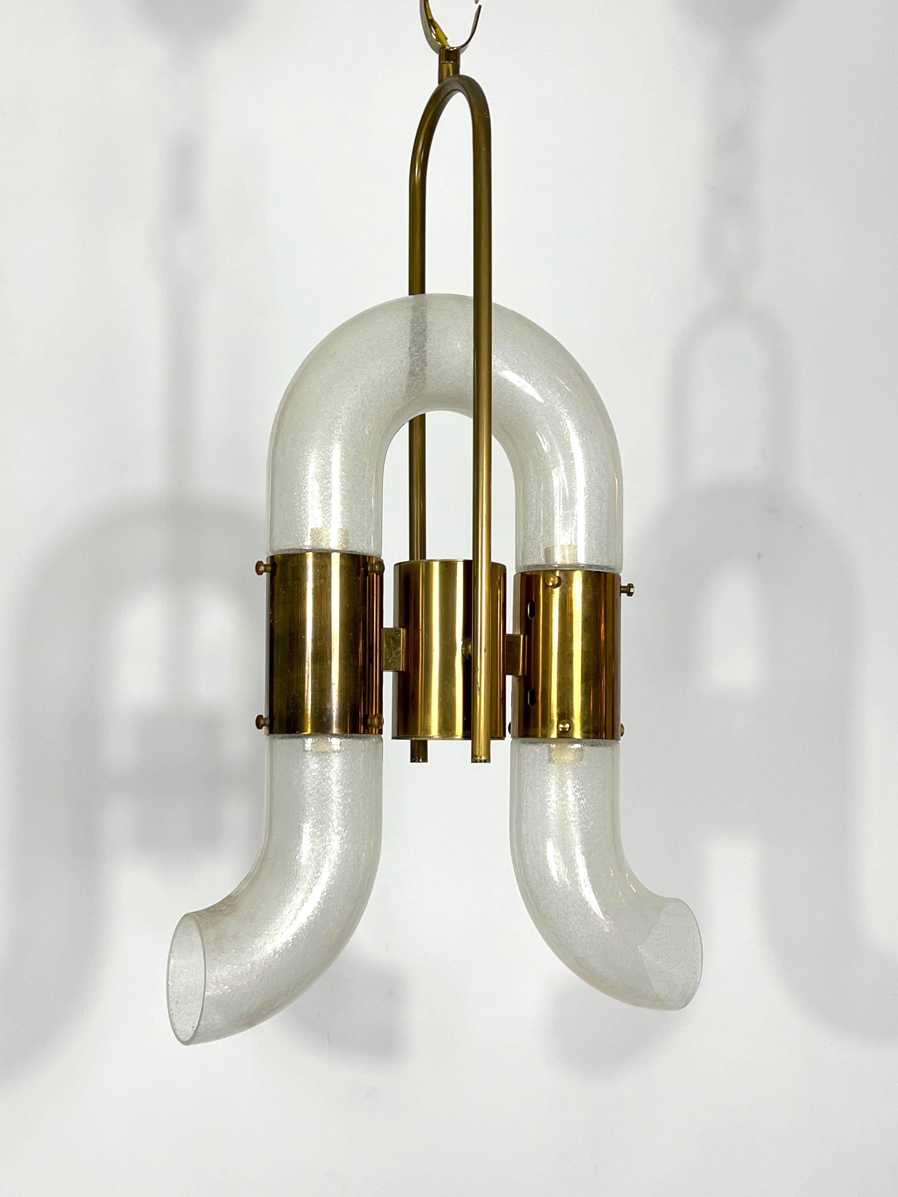 Carlo Nason for Mazzega, Brass and Pulegoso Glass Chandelier from 70s For Sale 4