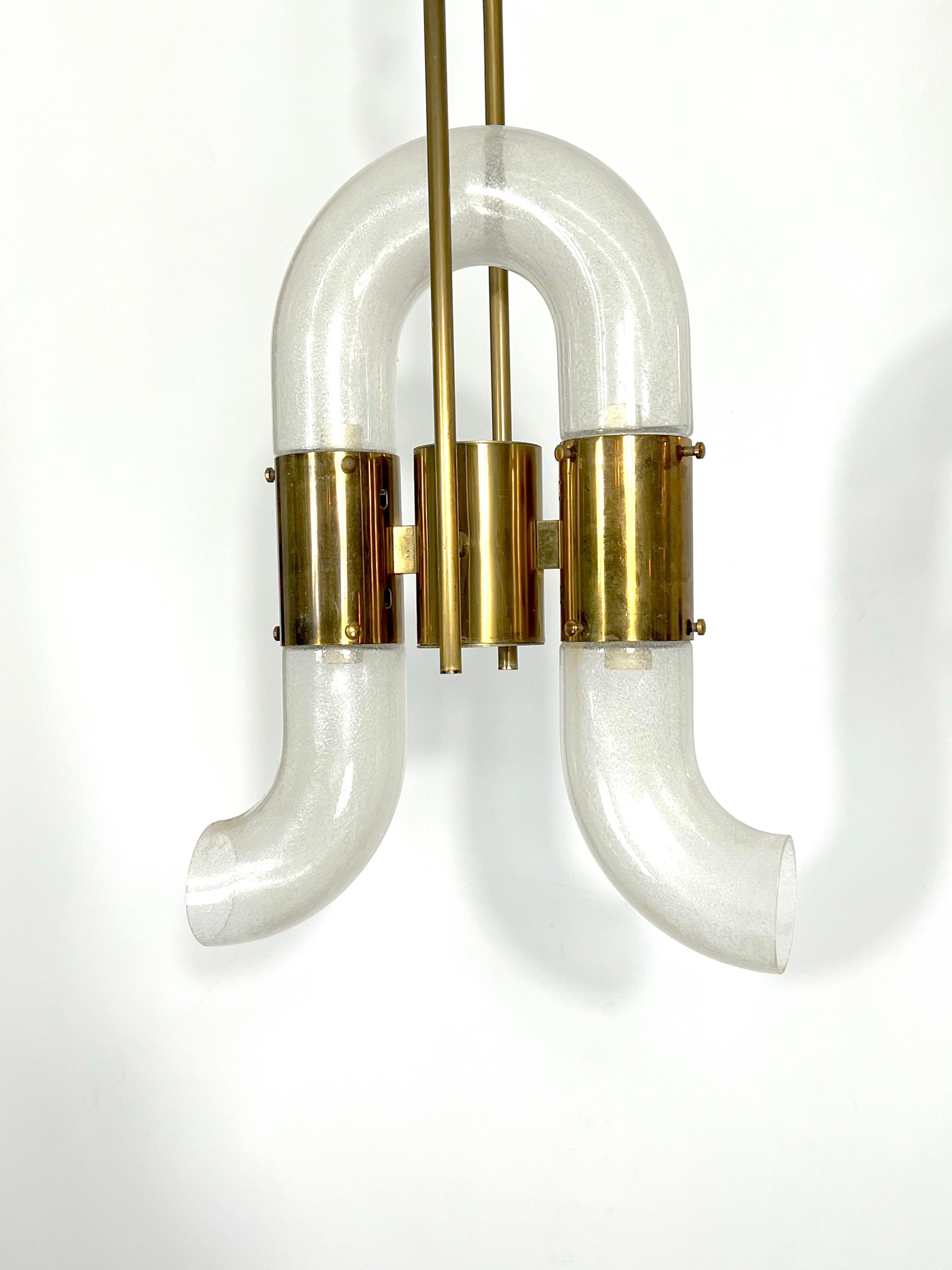 Mid-Century Modern Carlo Nason for Mazzega, Brass and Pulegoso Glass Chandelier from 70s For Sale