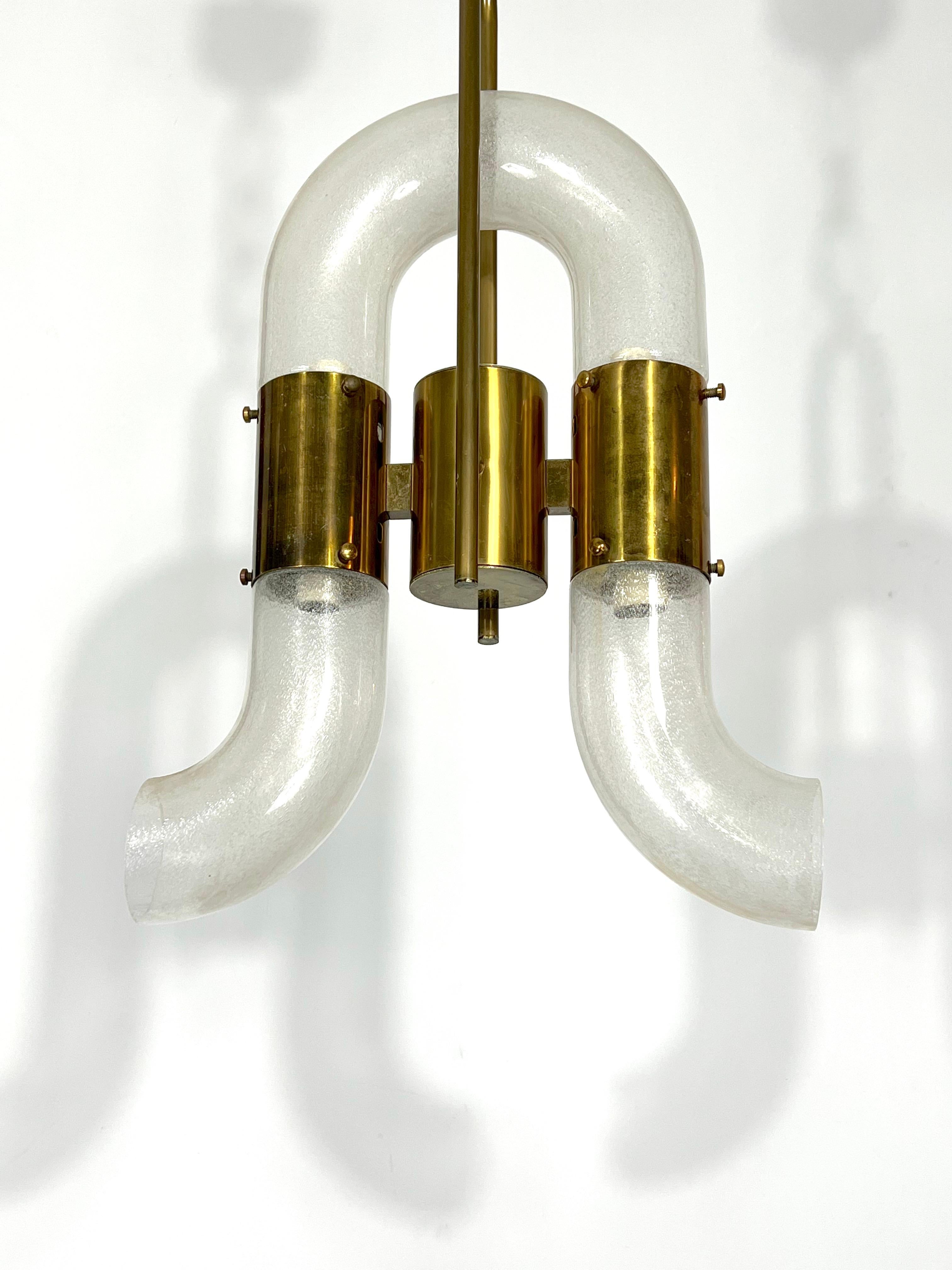 Italian Carlo Nason for Mazzega, Brass and Pulegoso Glass Chandelier from 70s For Sale