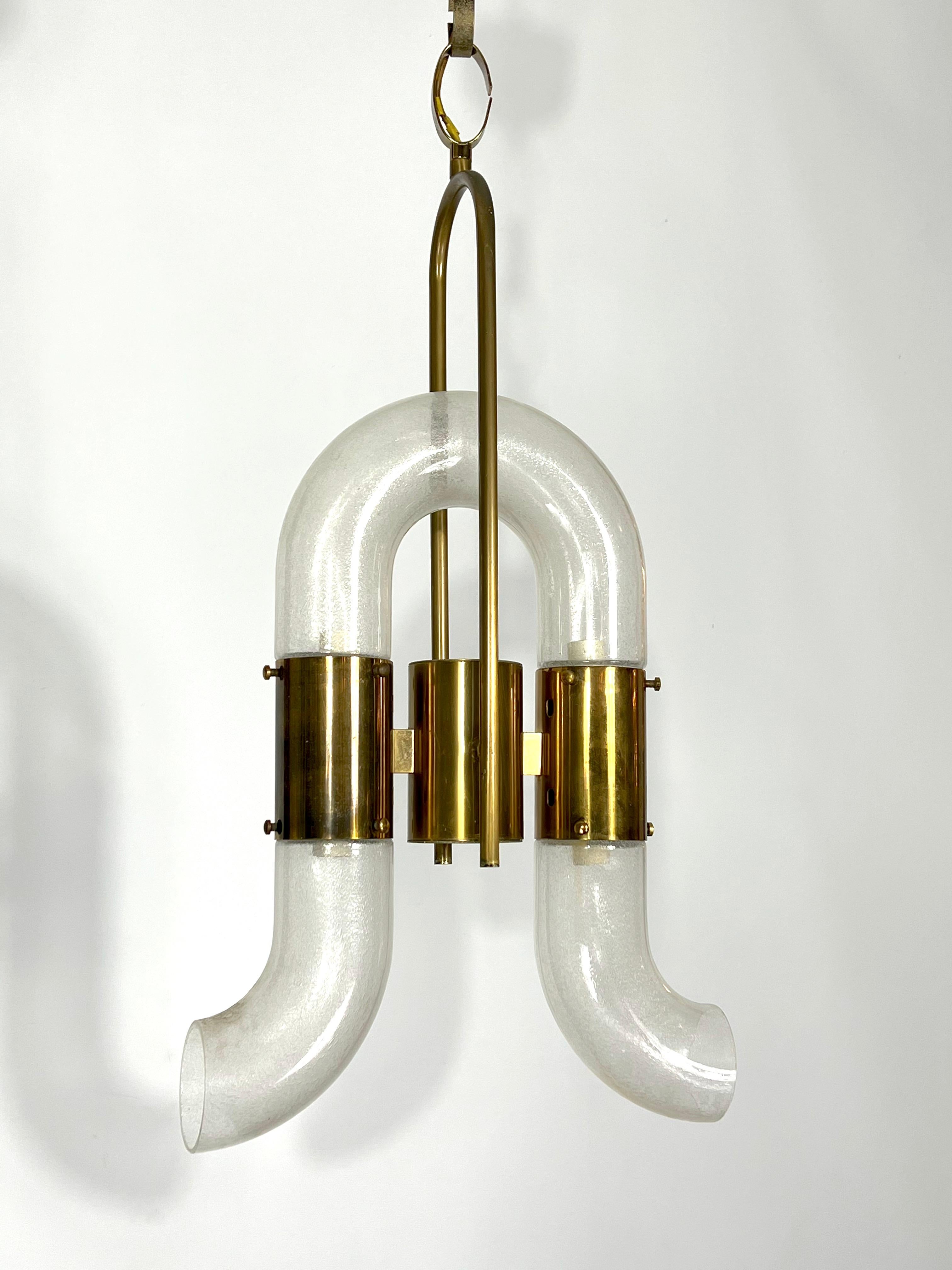 Carlo Nason for Mazzega, Brass and Pulegoso Glass Chandelier from 70s In Good Condition For Sale In Catania, CT