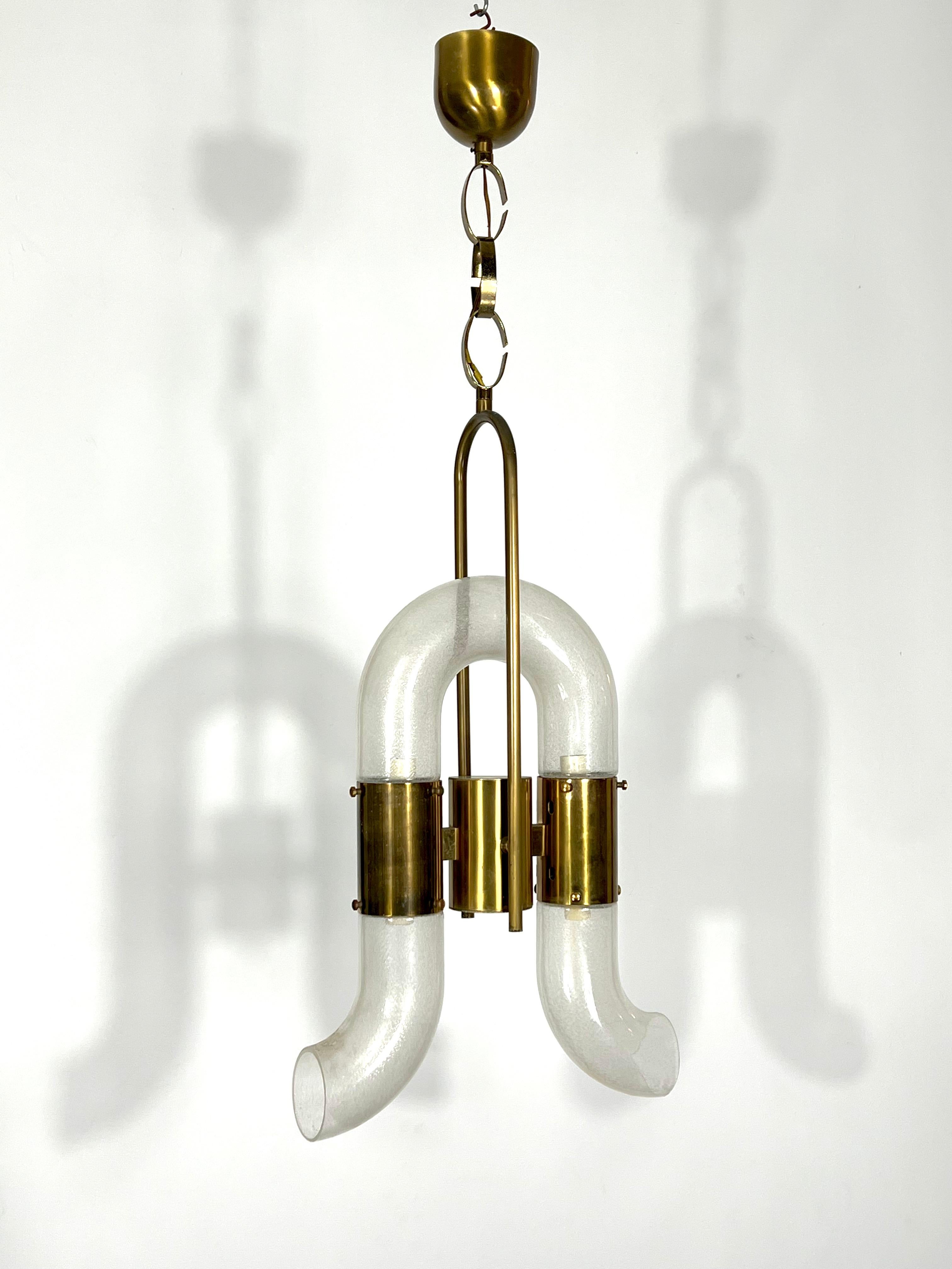 Carlo Nason for Mazzega, Brass and Pulegoso Glass Chandelier from 70s For Sale 3