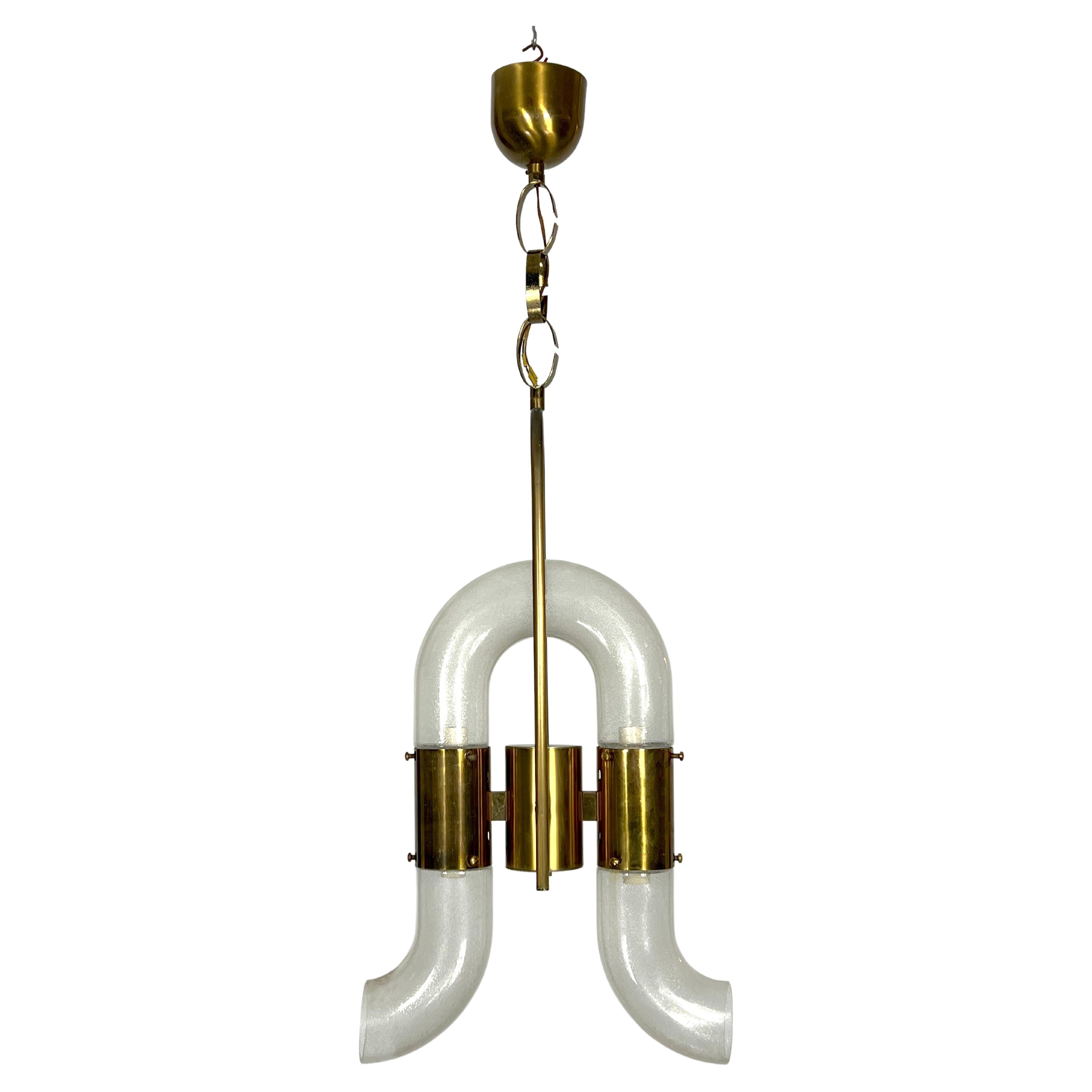 Carlo Nason for Mazzega, Brass and Pulegoso Glass Chandelier from 70s For Sale