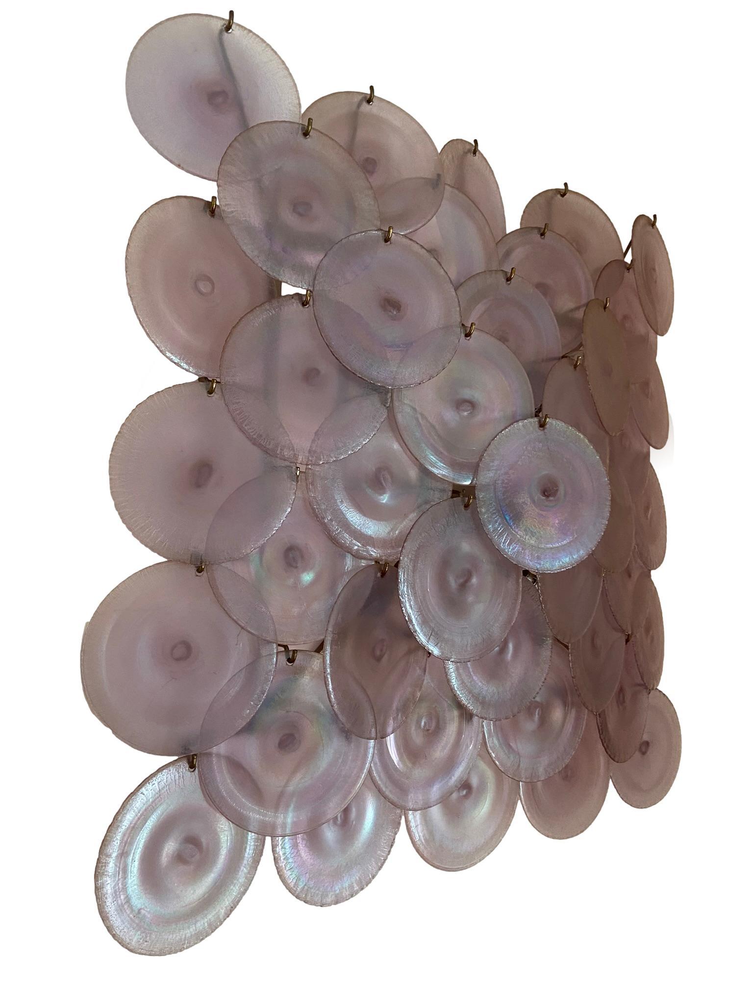 Large disc-shaped applique in irridescent Murano glass designed by Carlo Nason for Mazzega Murano, Italy 1960. The applique rests on a nickel-plated metal structure with five light sources.  Very good condition.  The glass, now impossible to find,