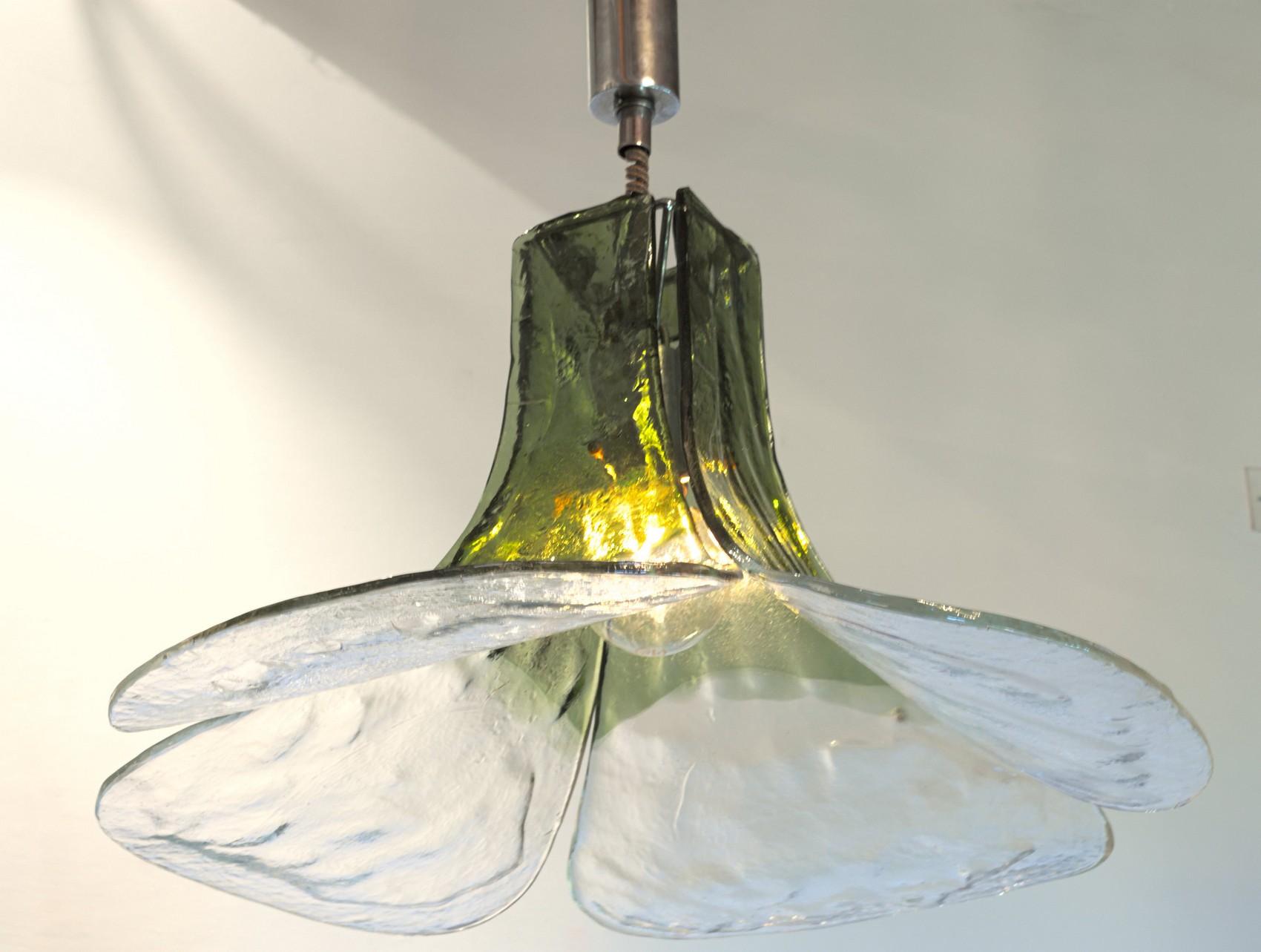 Carlo Nason for Mazzega Pair of Clover Suspension Green Clear Murano Glass 1970s 6