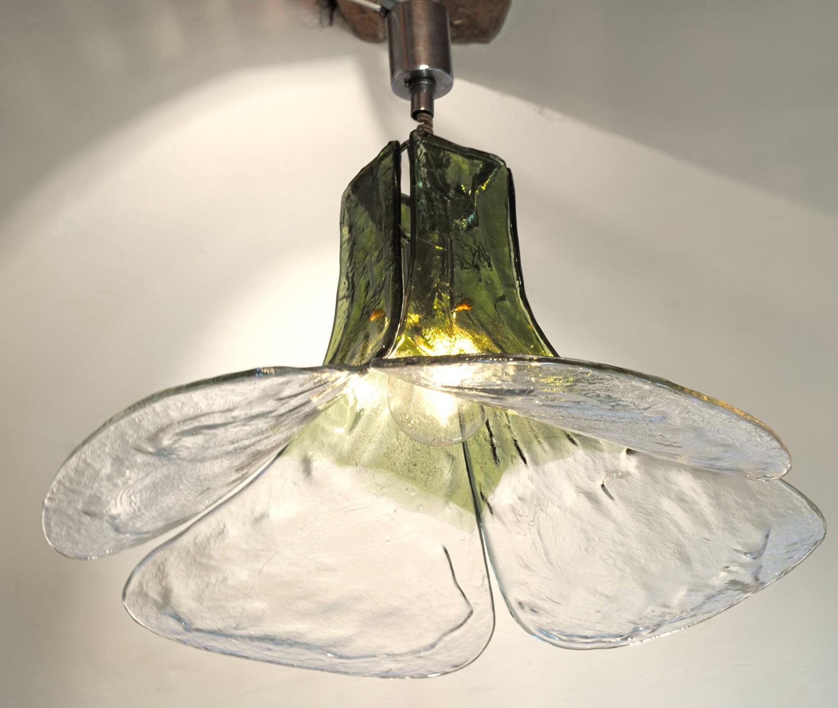 Carlo Nason for Mazzega Pair of Clover Suspension Green Clear Murano Glass 1970s 8