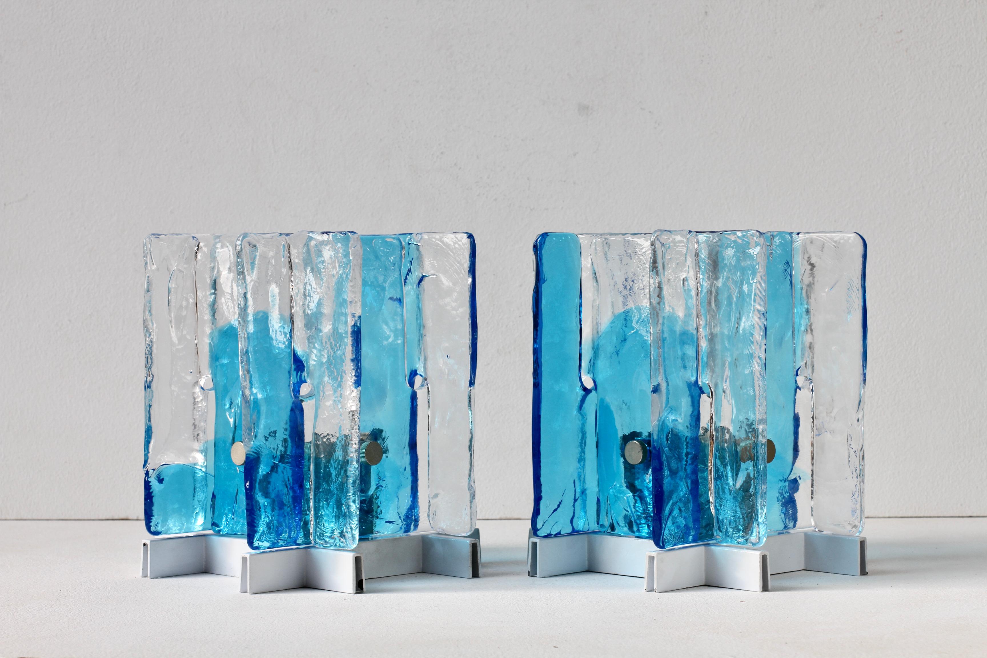 Carlo Nason for Mazzega Rare Pair of 1970s Blue & Clear Murano Ice Glass Lights 3