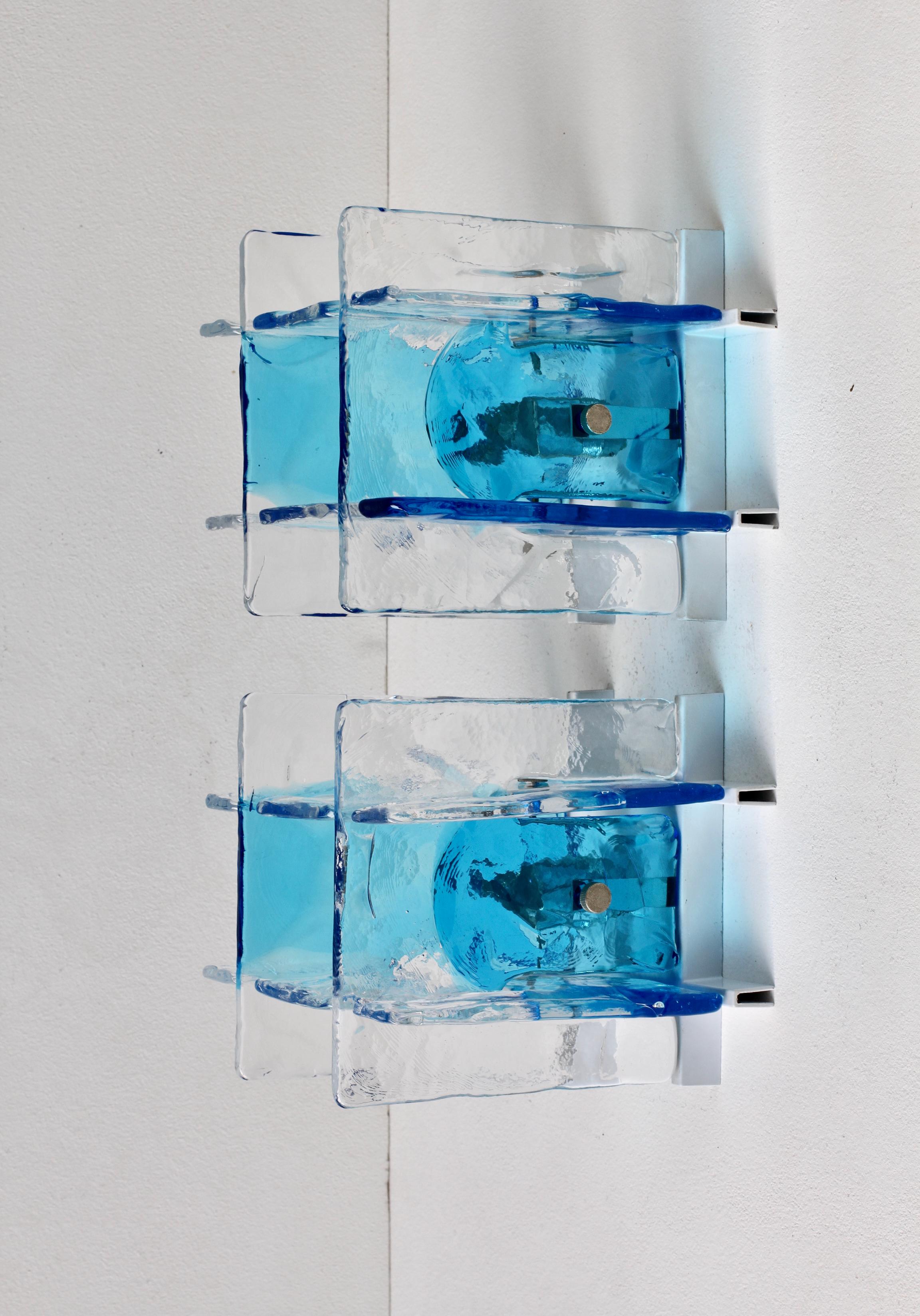 Carlo Nason for Mazzega Rare Pair of 1970s Blue & Clear Murano Ice Glass Lights 5
