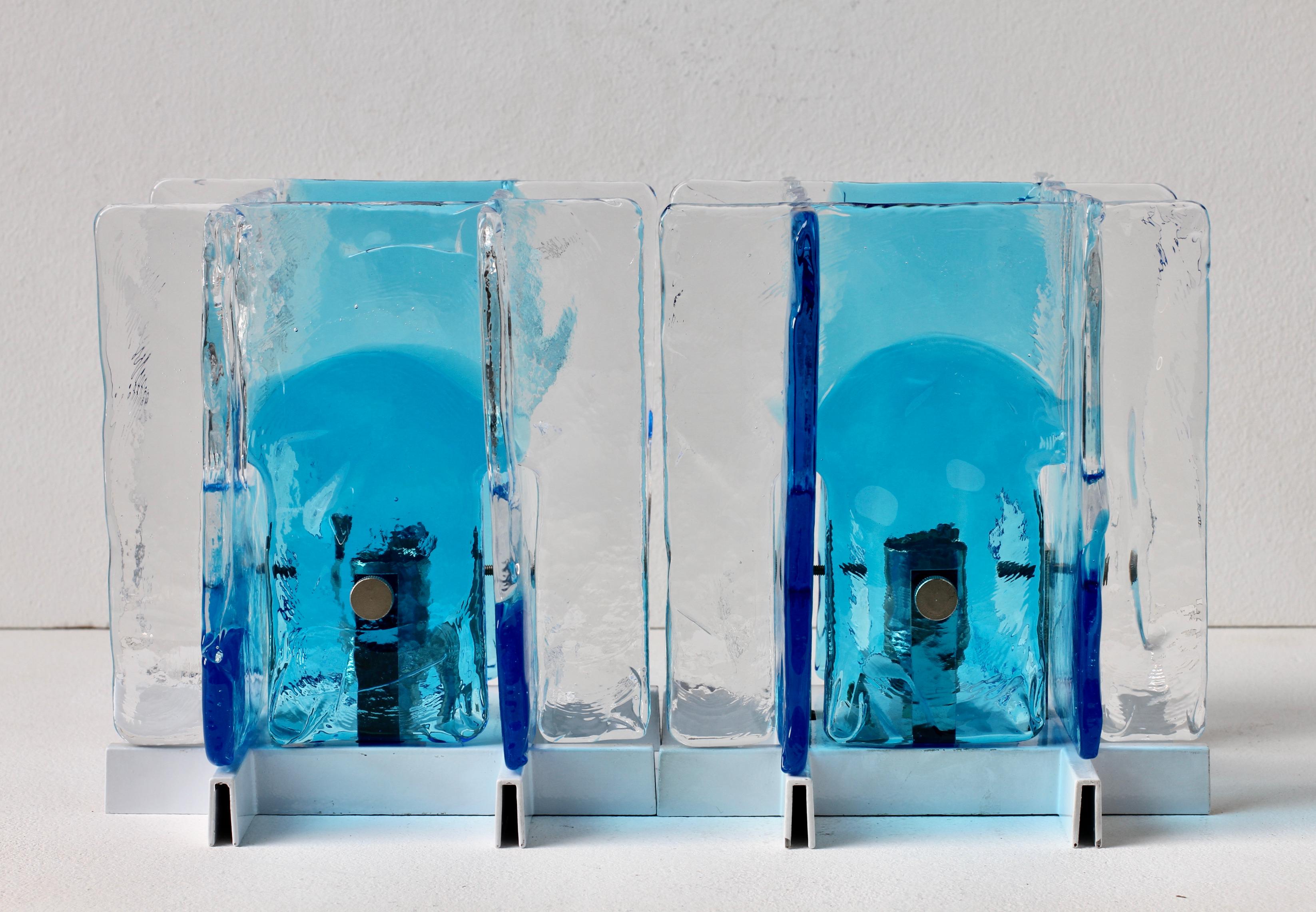 Carlo Nason for Mazzega Rare Pair of 1970s Blue & Clear Murano Ice Glass Lights 7