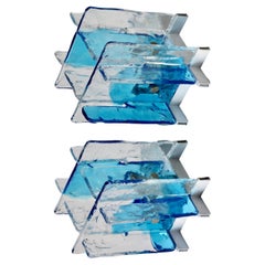 Carlo Nason for Mazzega Rare Pair of 1970s Blue & Clear Murano Ice Glass Lights