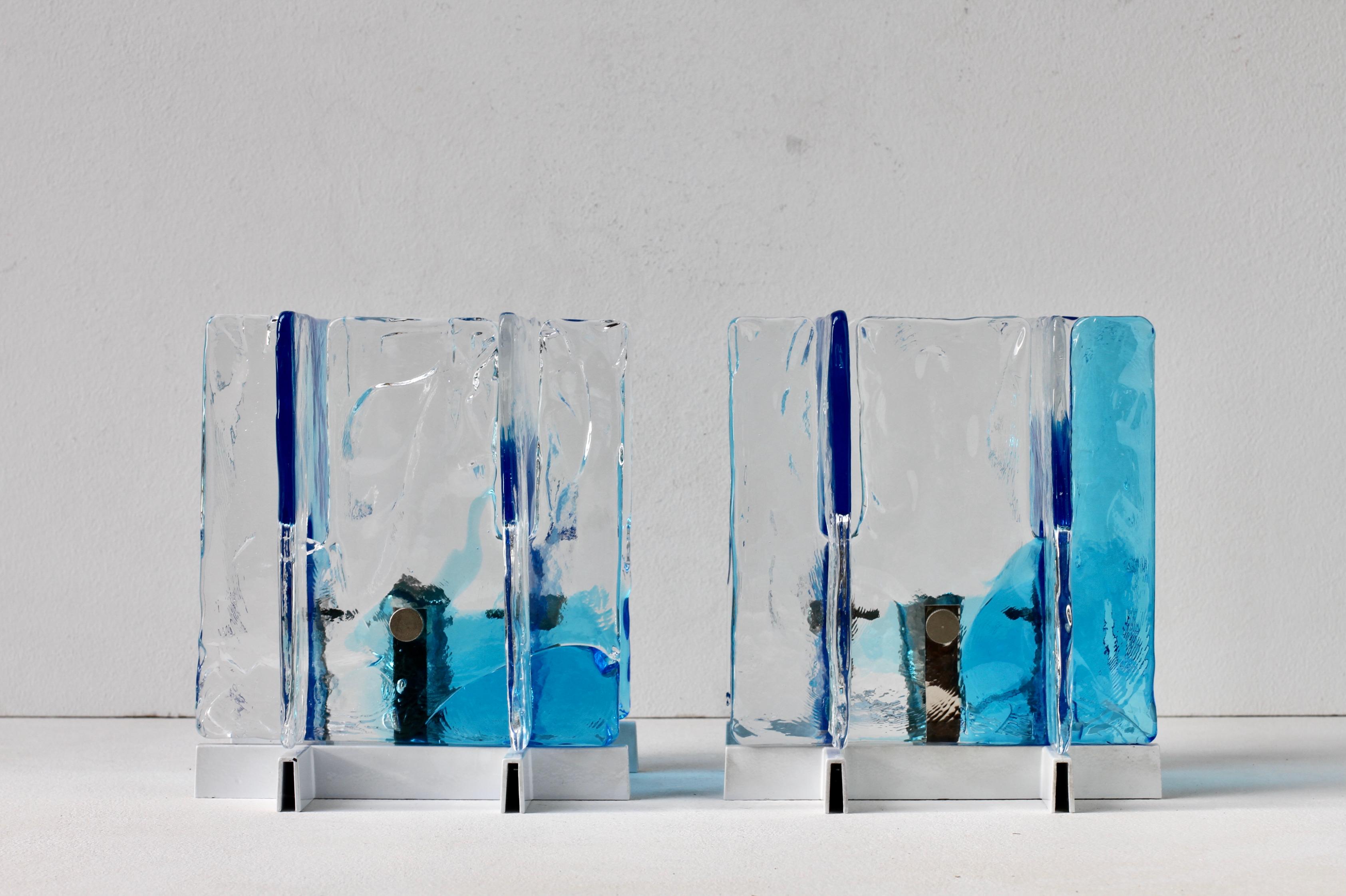 Italian Carlo Nason for Mazzega Rare Pair of 1970s Blue & Clear Murano Ice Glass Lights