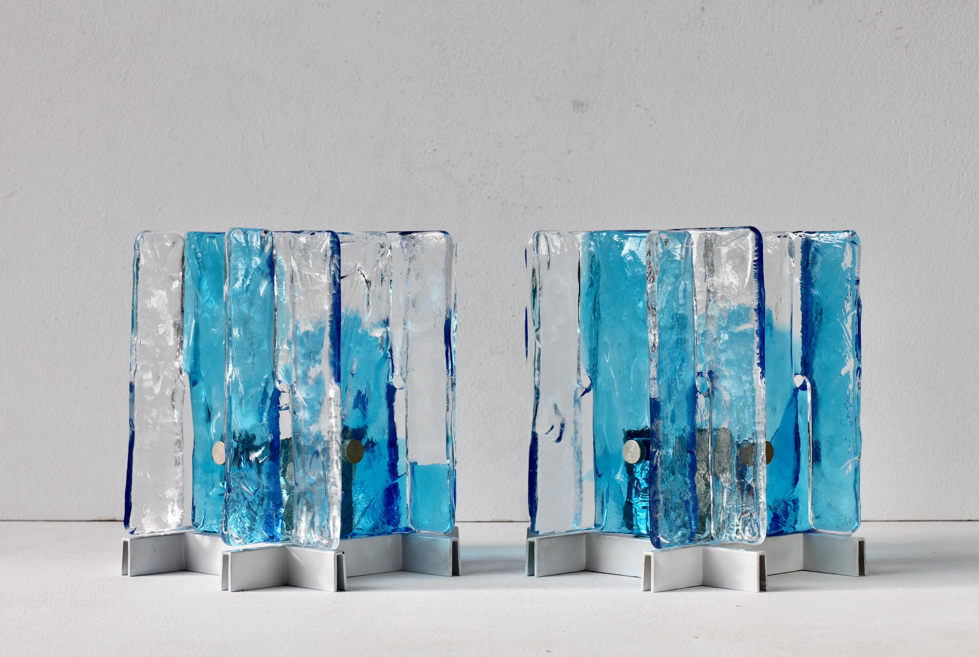 Painted Carlo Nason for Mazzega Rare Pair of 1970s Blue & Clear Murano Ice Glass Lights