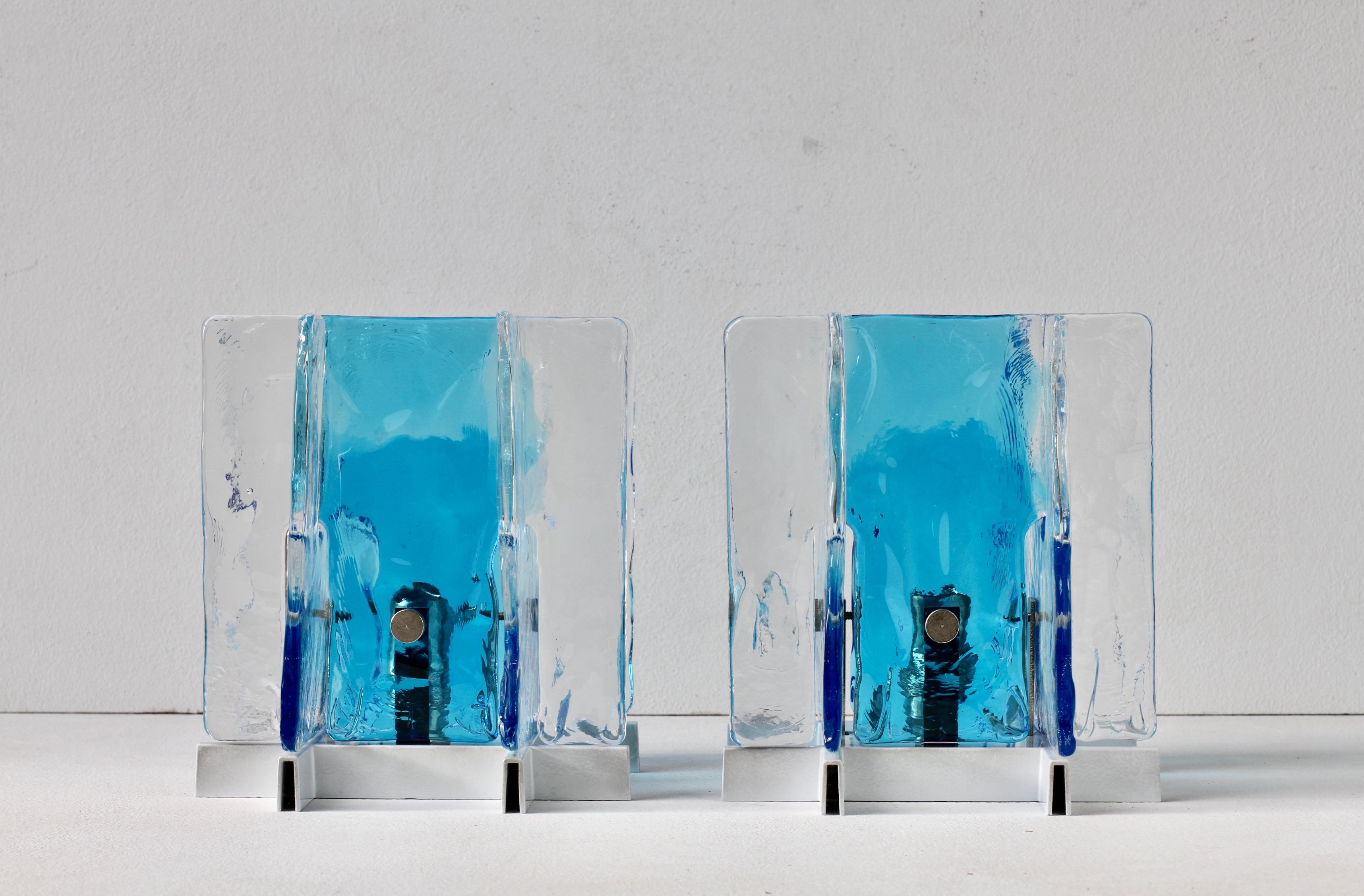 Carlo Nason for Mazzega Rare Pair of 1970s Blue & Clear Murano Ice Glass Lights In Good Condition In Landau an der Isar, Bayern