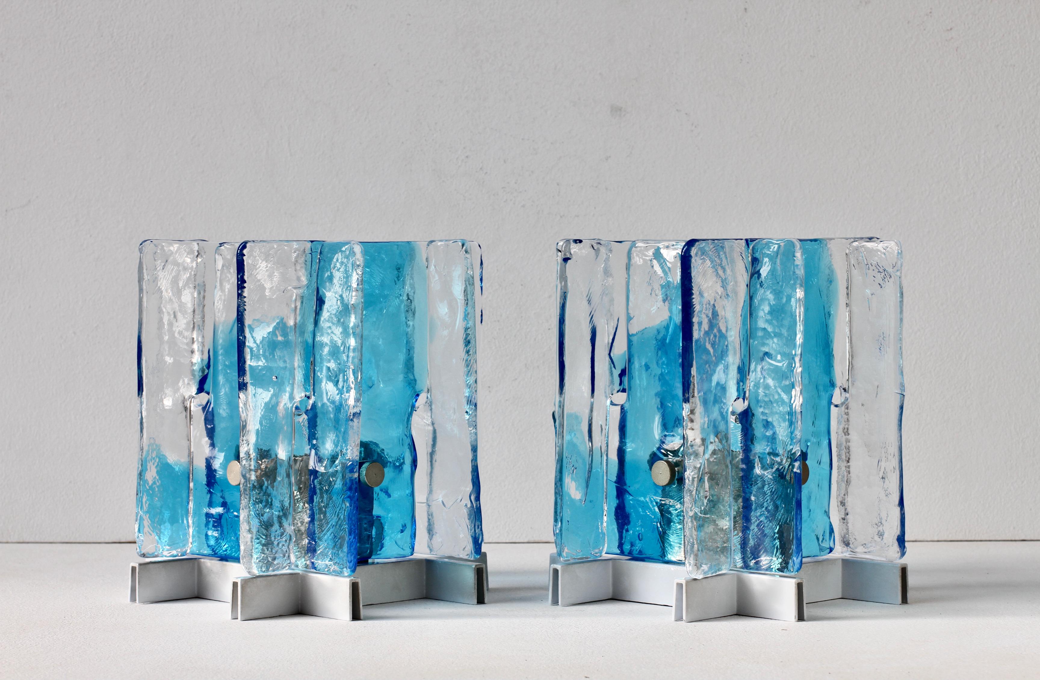 Late 20th Century Carlo Nason for Mazzega Rare Pair of 1970s Blue & Clear Murano Ice Glass Lights