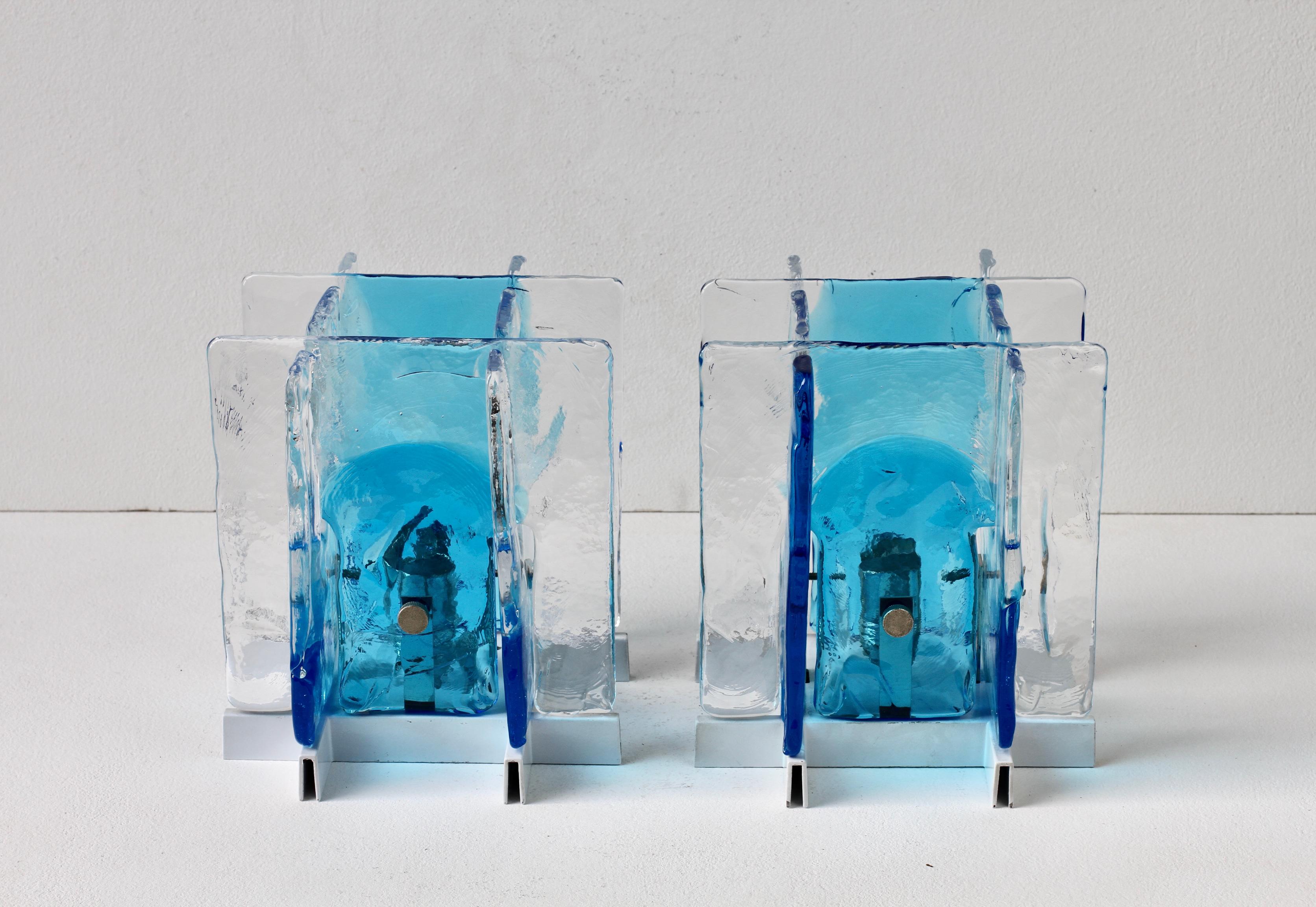 Carlo Nason for Mazzega Rare Pair of 1970s Blue & Clear Murano Ice Glass Lights 1