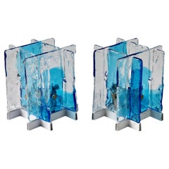 Carlo Nason for Mazzega Rare Pair of 1970s Blue & Clear Murano Ice Glass Lights