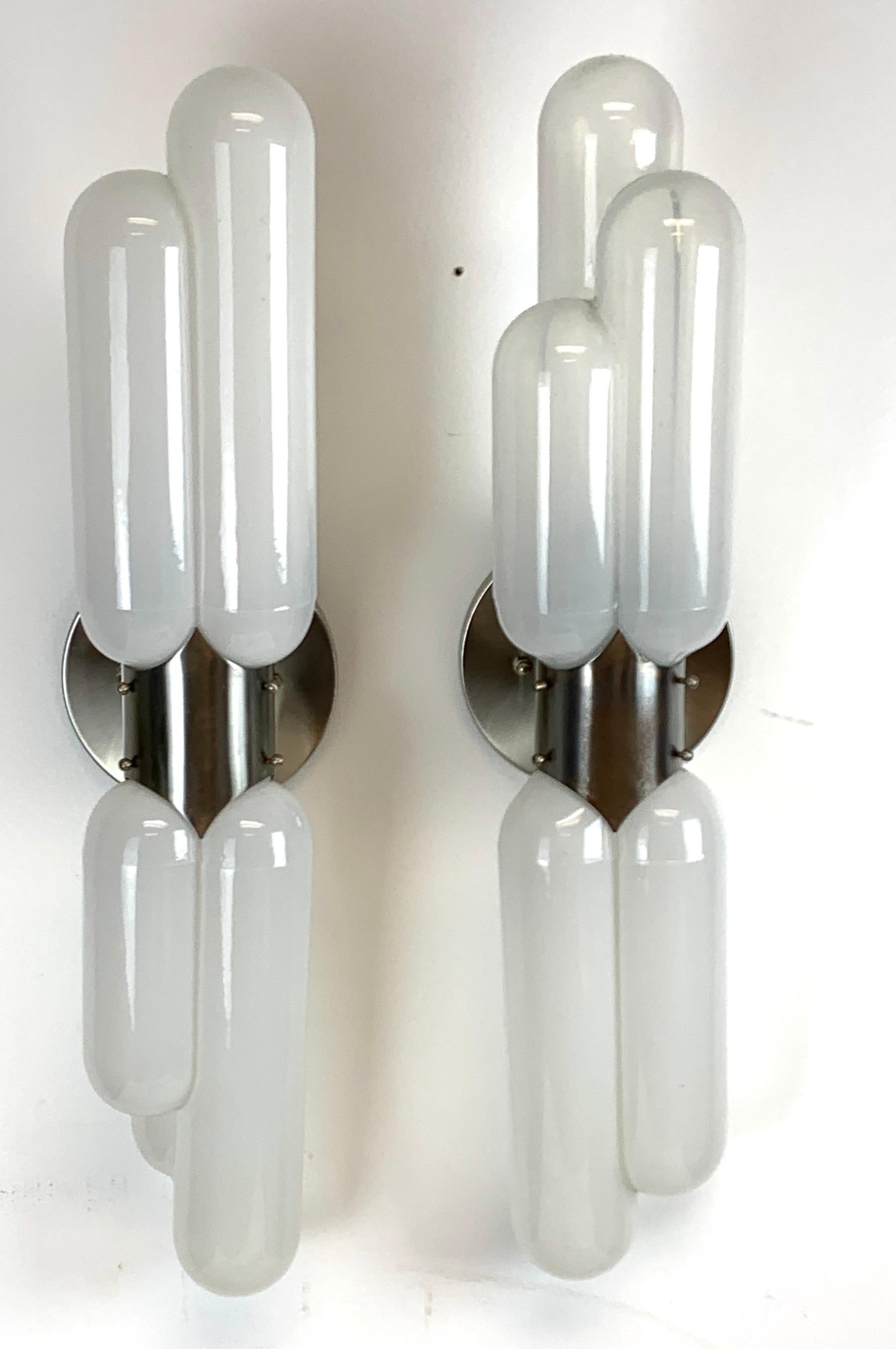 Carlo Nason for Mazzega Wall Sconce,  3 Single Sconces 
Brass and chrome tubular sconces from Italy by Carlo Nason for Mazzega. Fully restored and ready to use. Priced individually, a pair retails at $3,790.00 as shown in lead image.