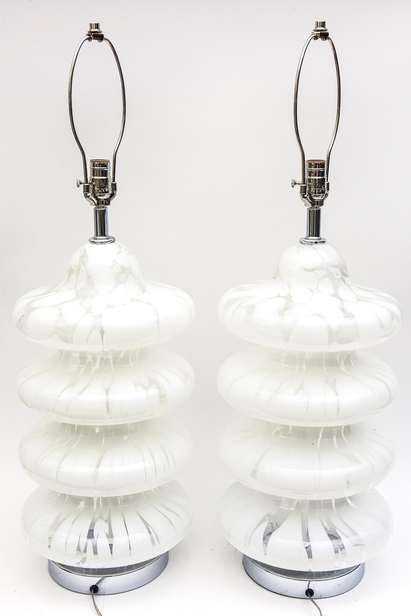 Vintage Carlo Nason for Mazzega Murano White 4 Tiered Pagoda Glass Lamps Pair Of 2