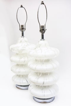Vintage Carlo Nason for Mazzega Murano White 4 Tiered Pagoda Glass Lamps Pair Of