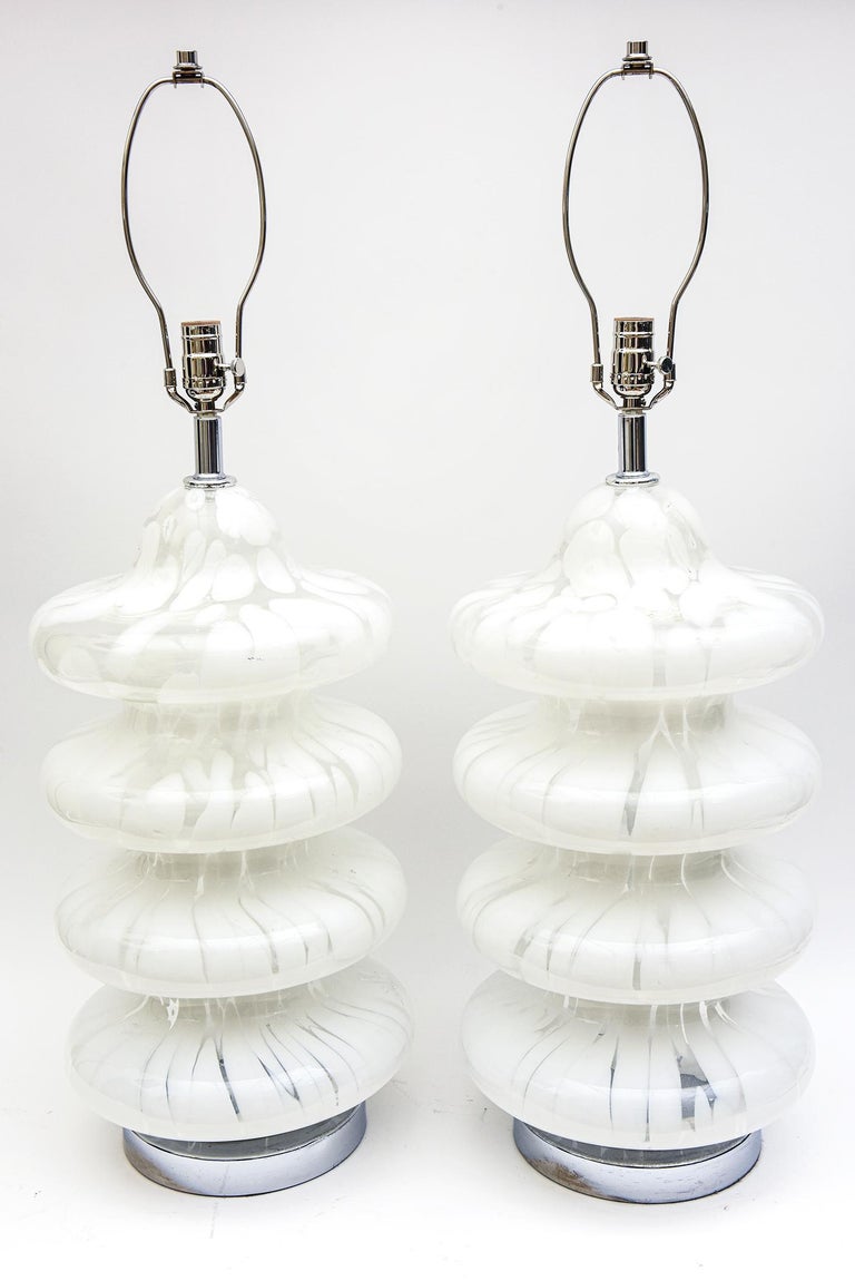 Carlo Nason for Mazzega Murano White Mottled Tiered Pagoda Glass Lamps  Vintage For Sale at 1stDibs
