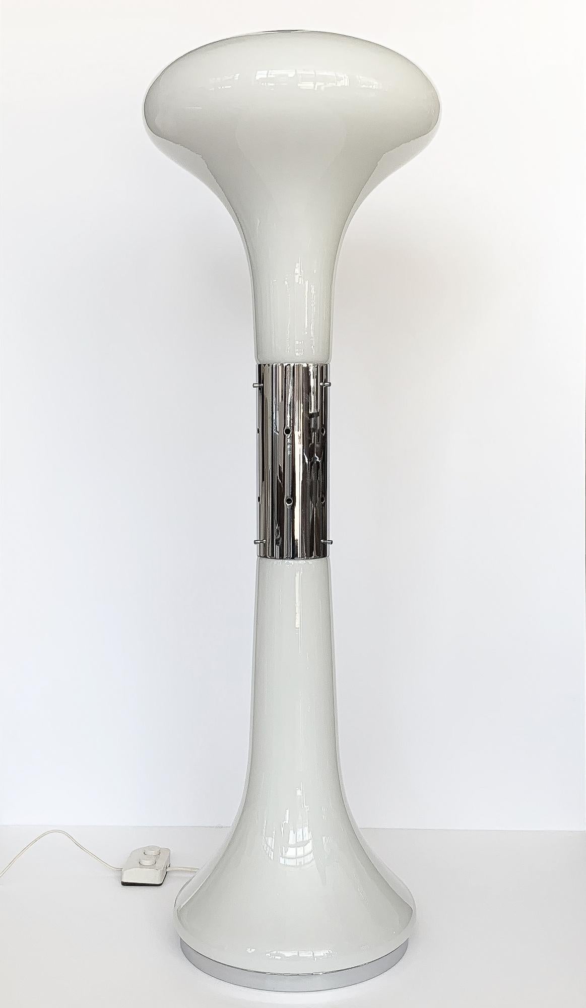 Carlo Nason I Numerati Soffiato white glass and chrome floor lamp for Mazzega, Italy circa 1960s. Comprised of two hand-blown white glass mushroom / tulip shaped glass shades with chrome plated steel collar / neck. Dual push button on/off floor