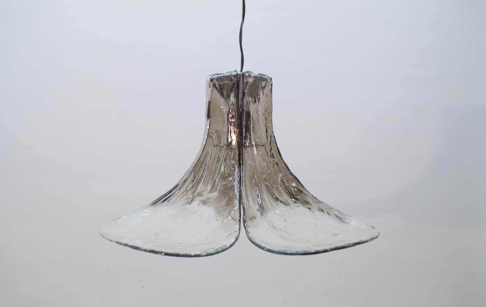This set of pendant lamps was designed by Carlo Nason for Kalmar in the 1960s. It features Mazzega Murano glass leafs. 

The lamp is executed with 1x E27 Edison screw fit bulb. It is wired and in working condition. It runs both on 110 / 230