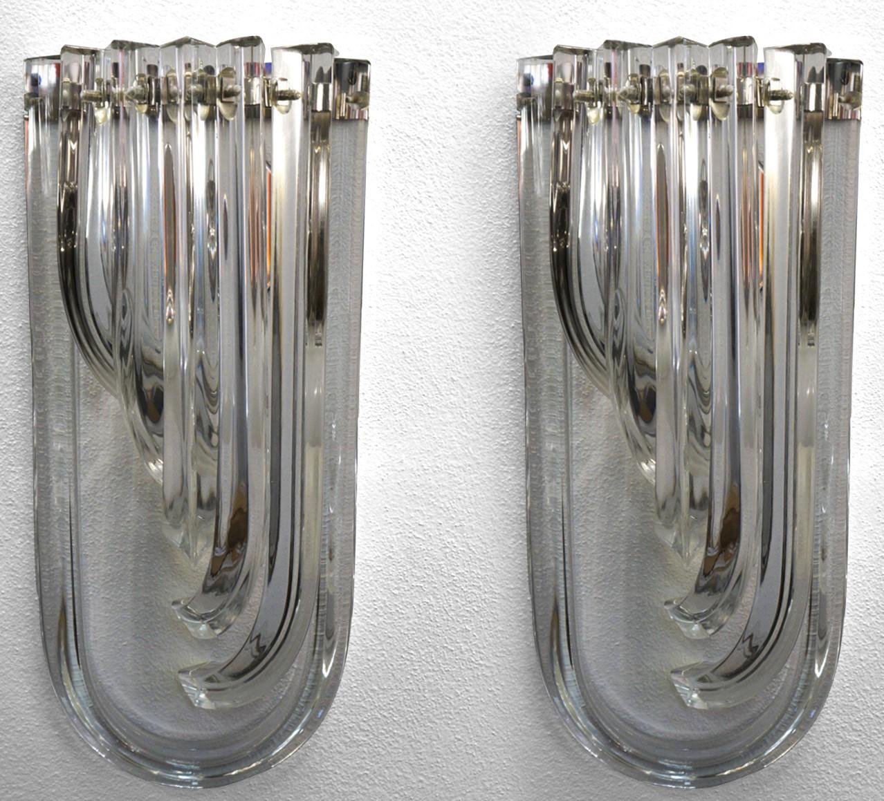 Chrome Carlo Nason Mid-Century Modern Crystal Pair of Murano Glass Wall Sconces, 1990