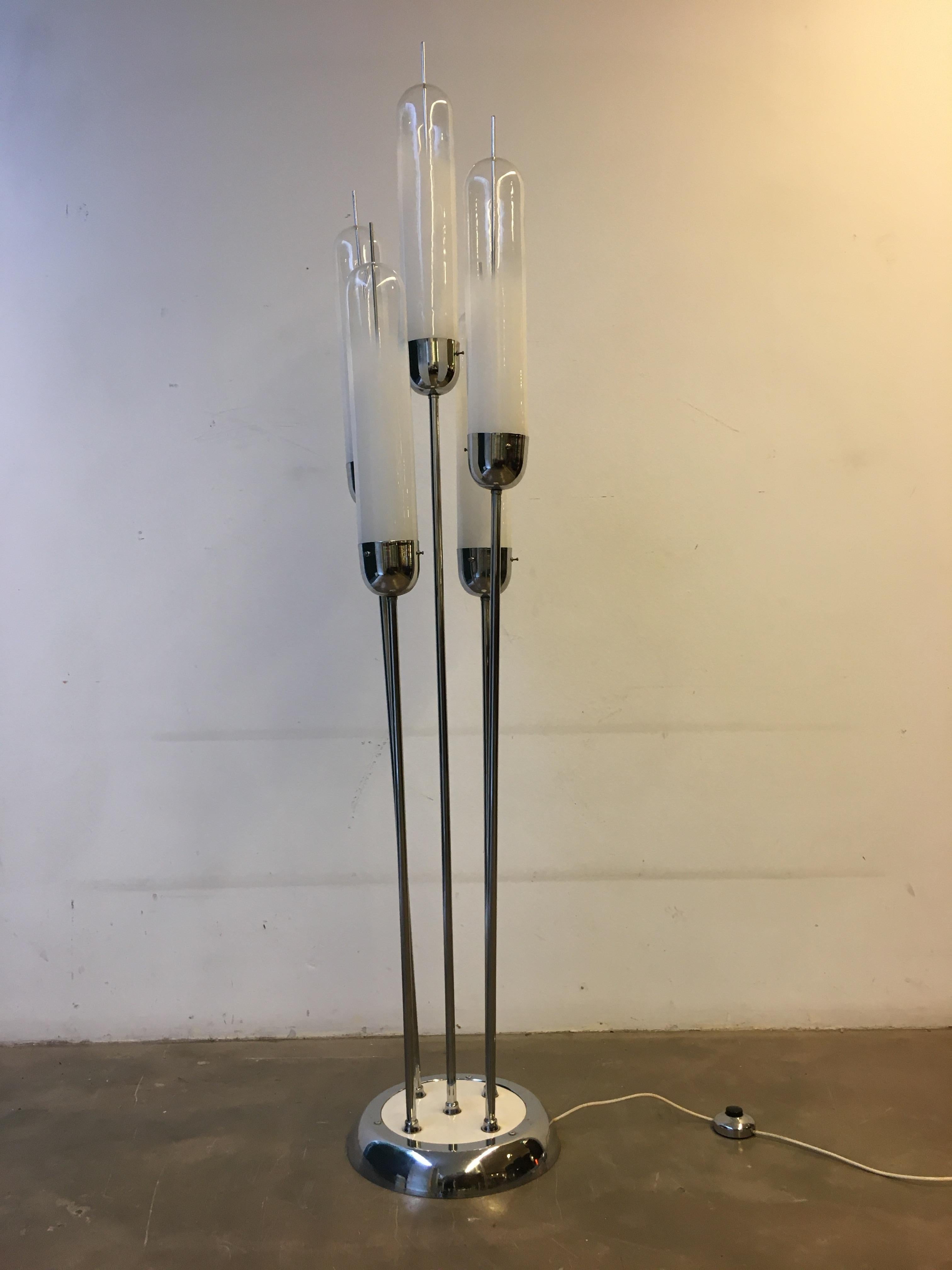 This floor lamp was created by Carlo Nason, in blown Murano glass and steel. Created for the famous Mazzega Muranese Company, 1970s.