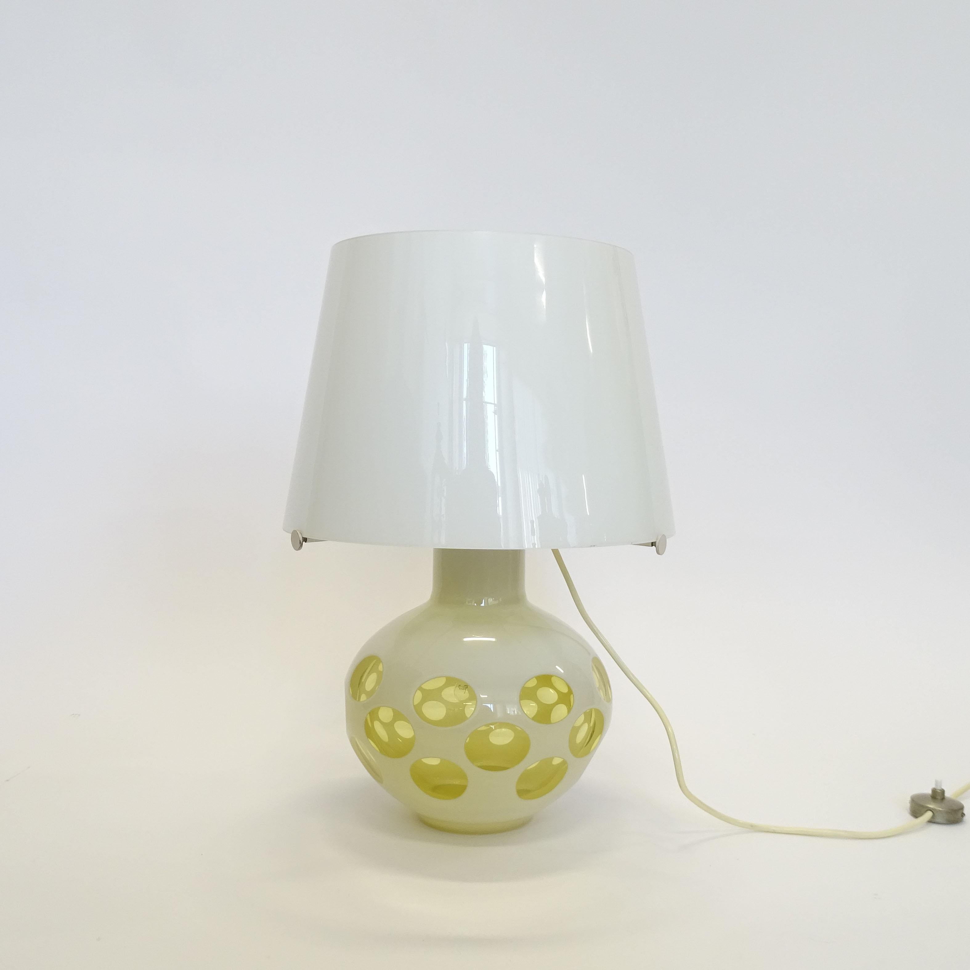 Carlo Nason light yellow murano glass table lamp for Mazzega.
Italy 1970s
The lampshade is also in Murano glass.

