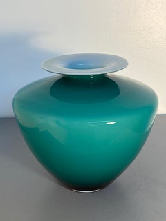 Carlo Nason Murano Green Art Glass Vase with White Opaline Rim