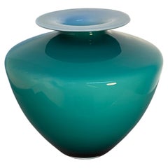 Carlo Nason Murano Green Art Glass Vase with White Opaline Rim