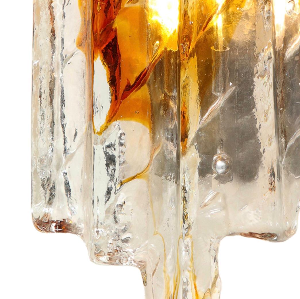 Italian Carlo Nason Pair of  Amber and Clear Murano Ice-Glass Sconces 1960's For Sale