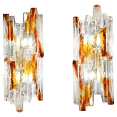 Carlo Nason Pair of  Amber and Clear Murano Ice-Glass Sconces 1960's