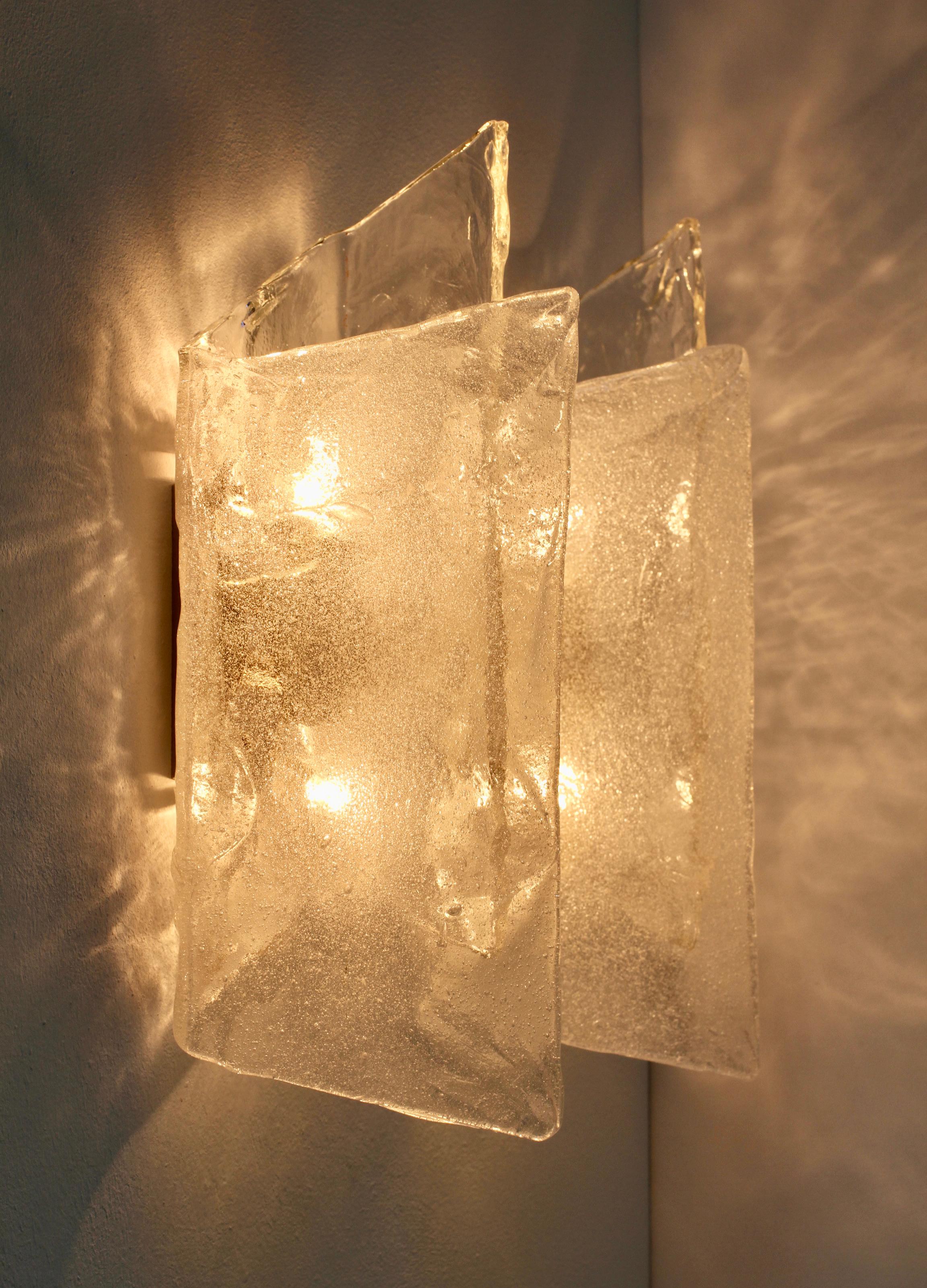 Metal Carlo Nason Pair or Kalmar Mid-Century Murano Glass Wall Lights or Sconces 1970s For Sale