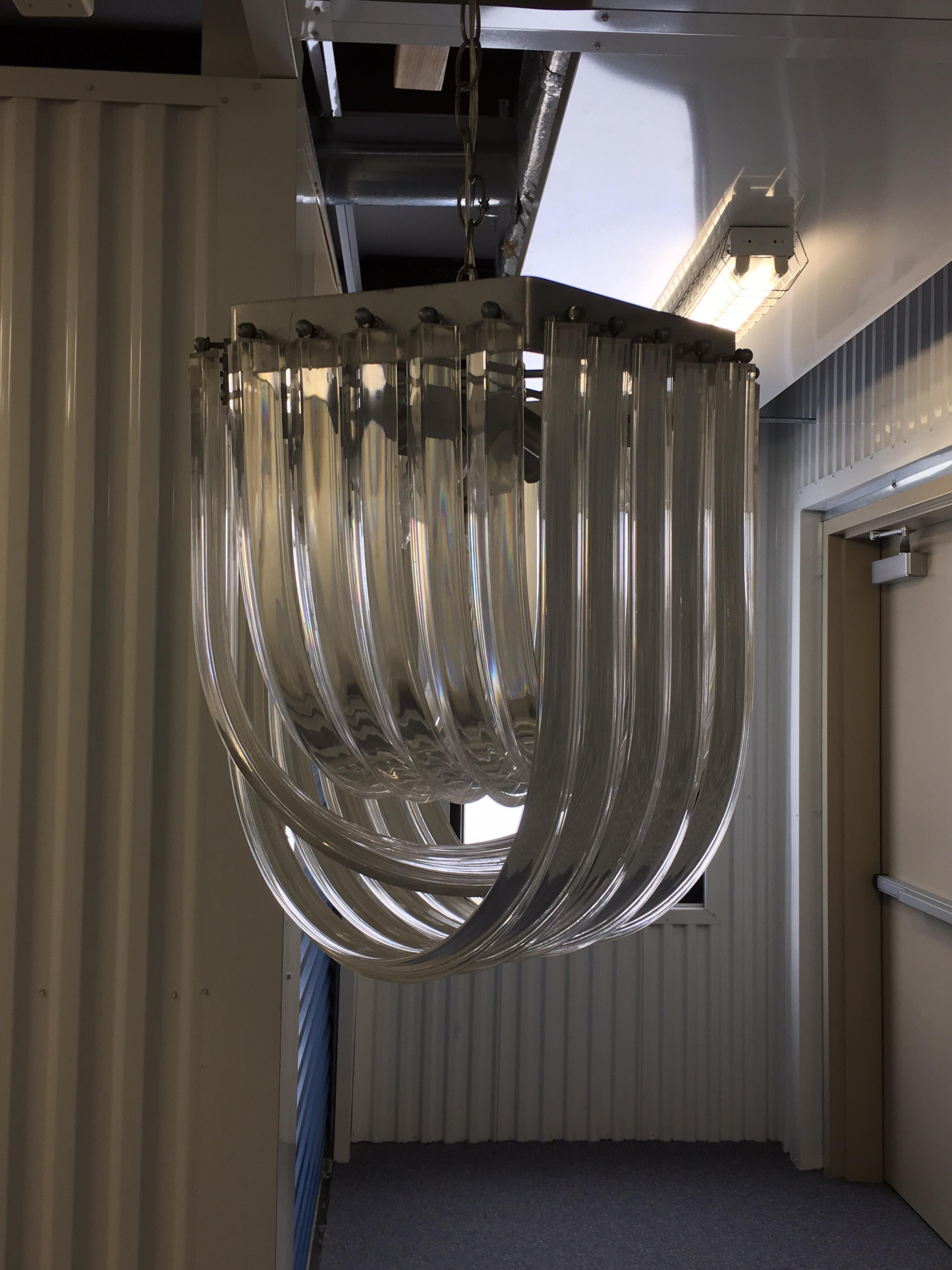 20th Century Carlo Nason Style Curved Clear Lucite Triedri Prism Chandelier, 1980