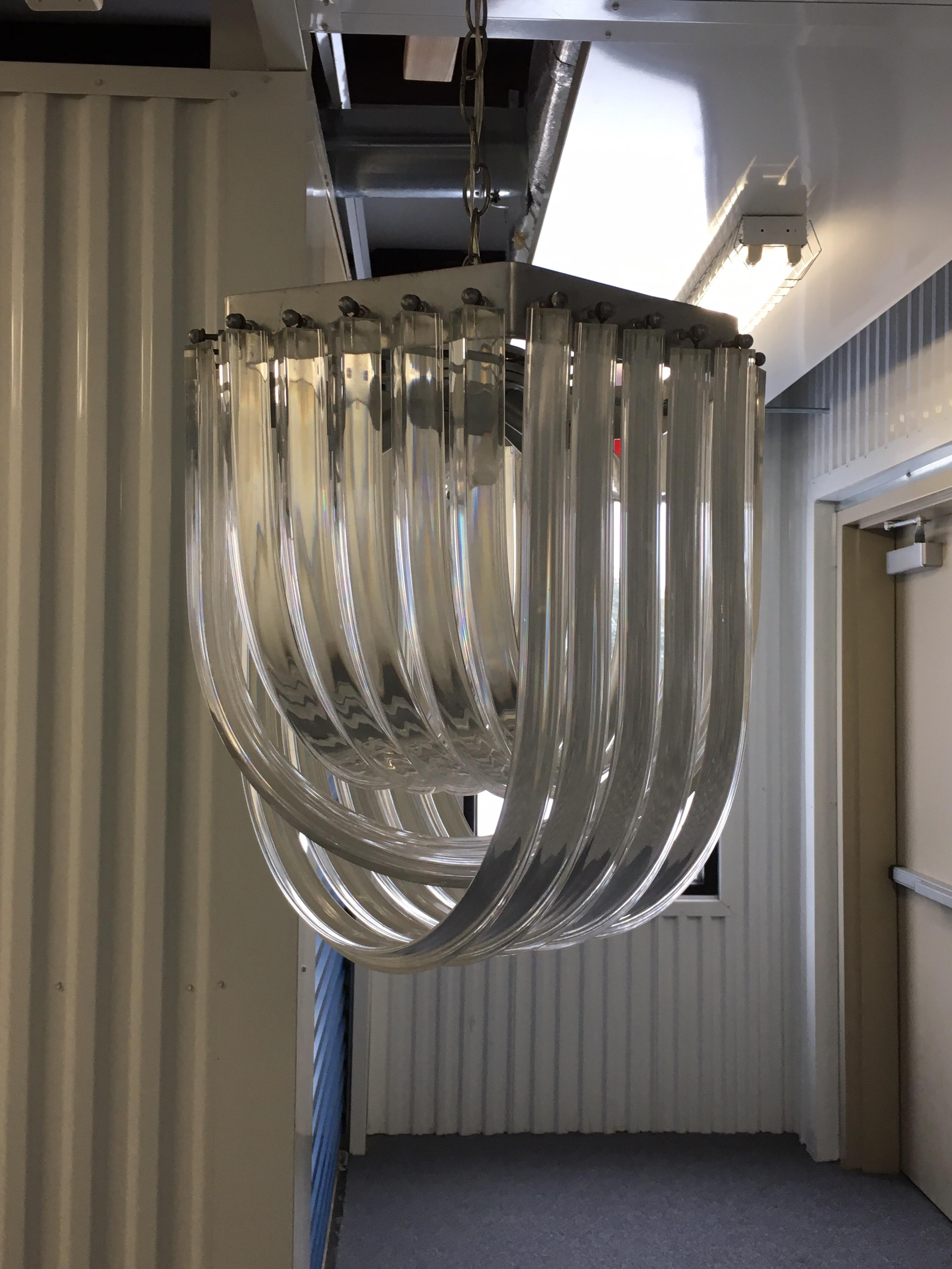 Chrome Carlo Nason Style Curved Clear Lucite Triedri Prism Chandelier, 1980
