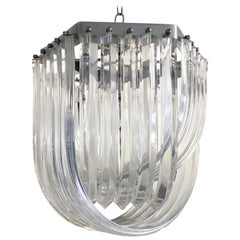 Carlo Nason Style Curved Clear Lucite Triedri Prism Chandelier, 1980