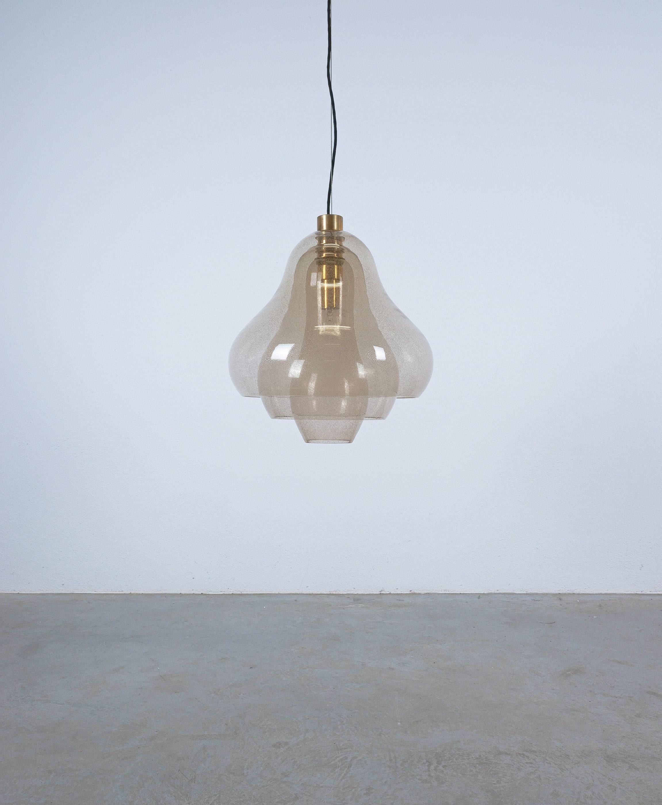 Brass Carlo Nason Three Shade Pulegoso Glass Pendant Lamp Mazzega, Italy, 1960 For Sale