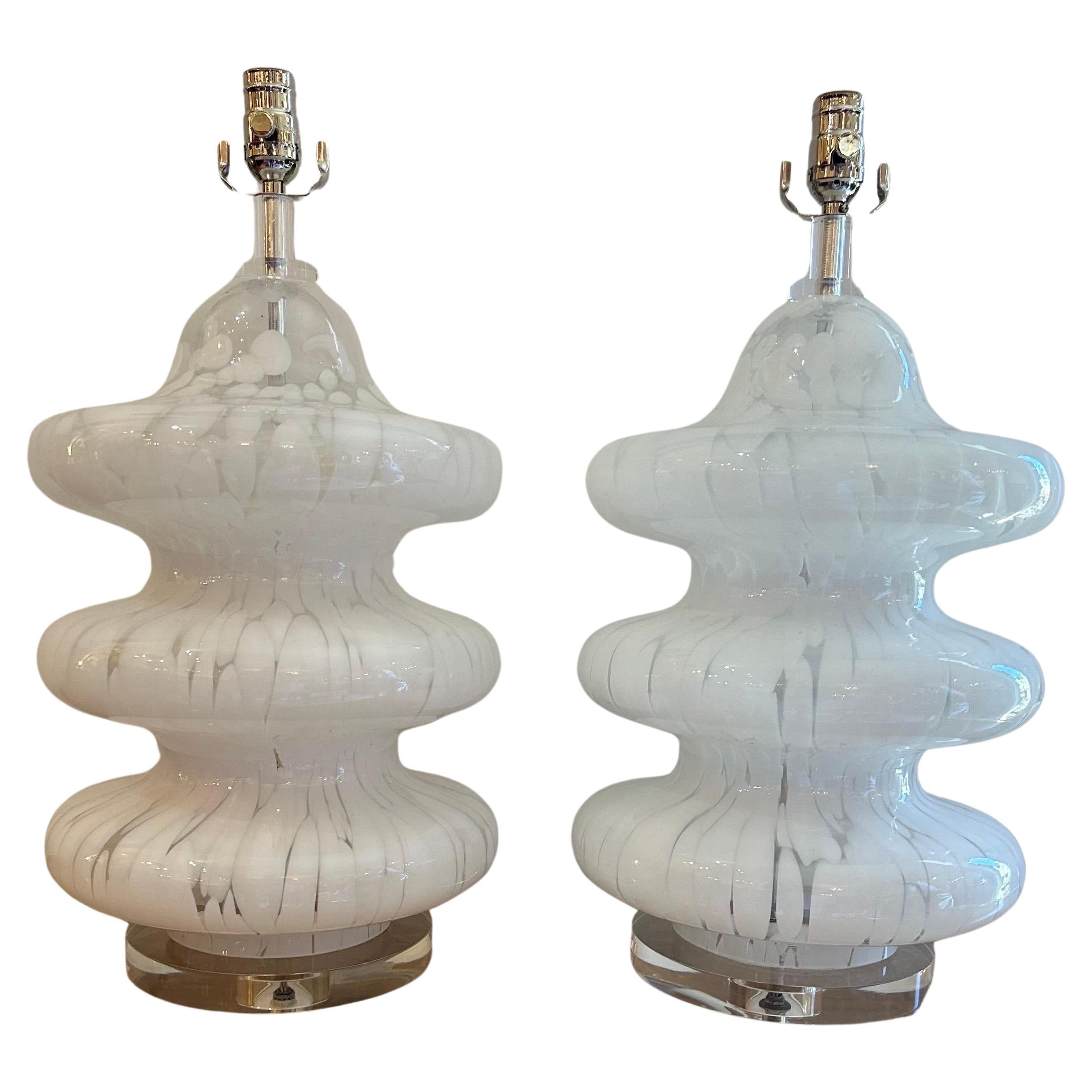 Carlo Nason  three tiered white and clear glass Murano lamps.. For Sale