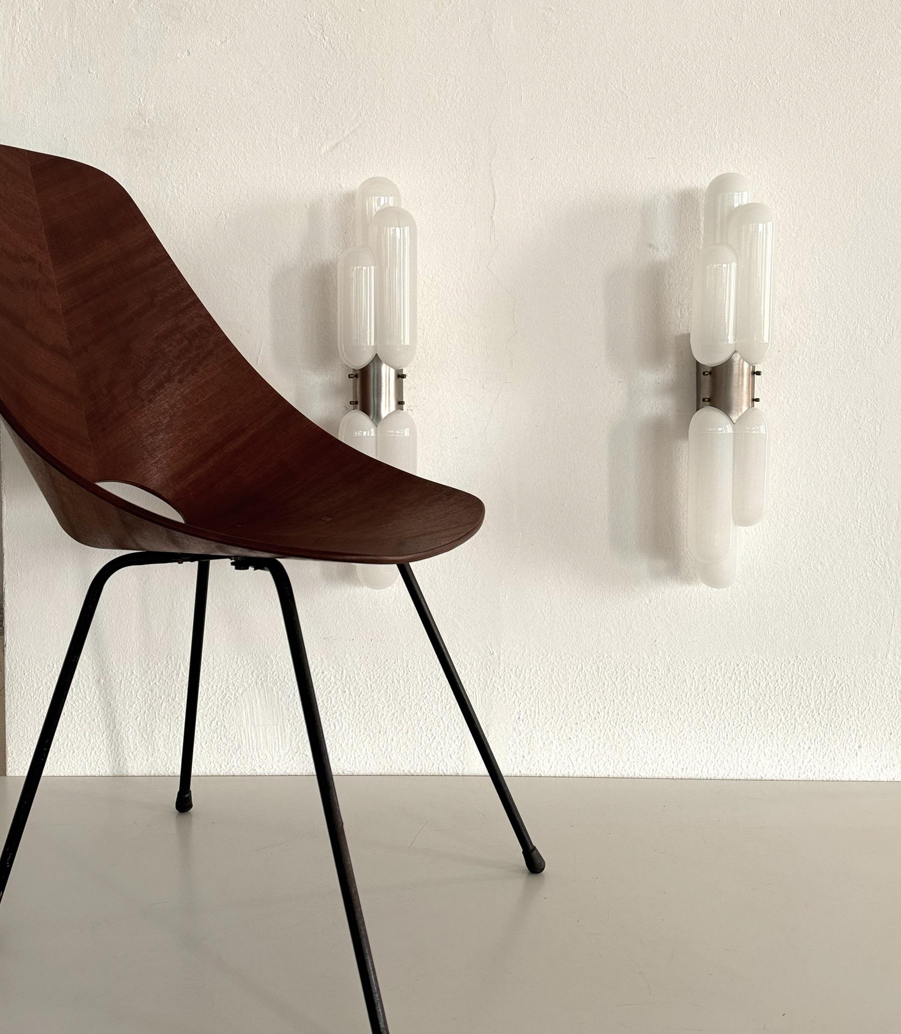 Mid-Century Modern Carlo Nason 'Torpedo' Wall Sconces in Murano Opaline Glass for Mazzega, Set of 2
