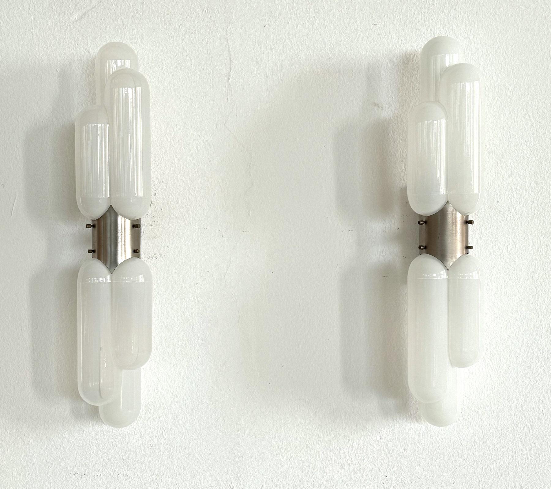 Italian Carlo Nason 'Torpedo' Wall Sconces in Murano Opaline Glass for Mazzega, Set of 2