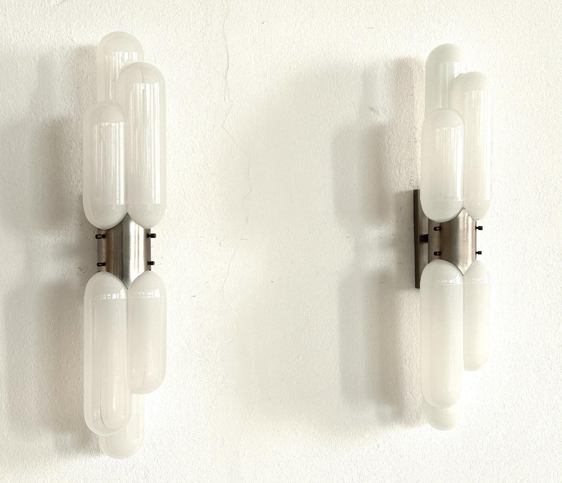 Hand-Crafted Carlo Nason 'Torpedo' Wall Sconces in Murano Opaline Glass for Mazzega, Set of 2