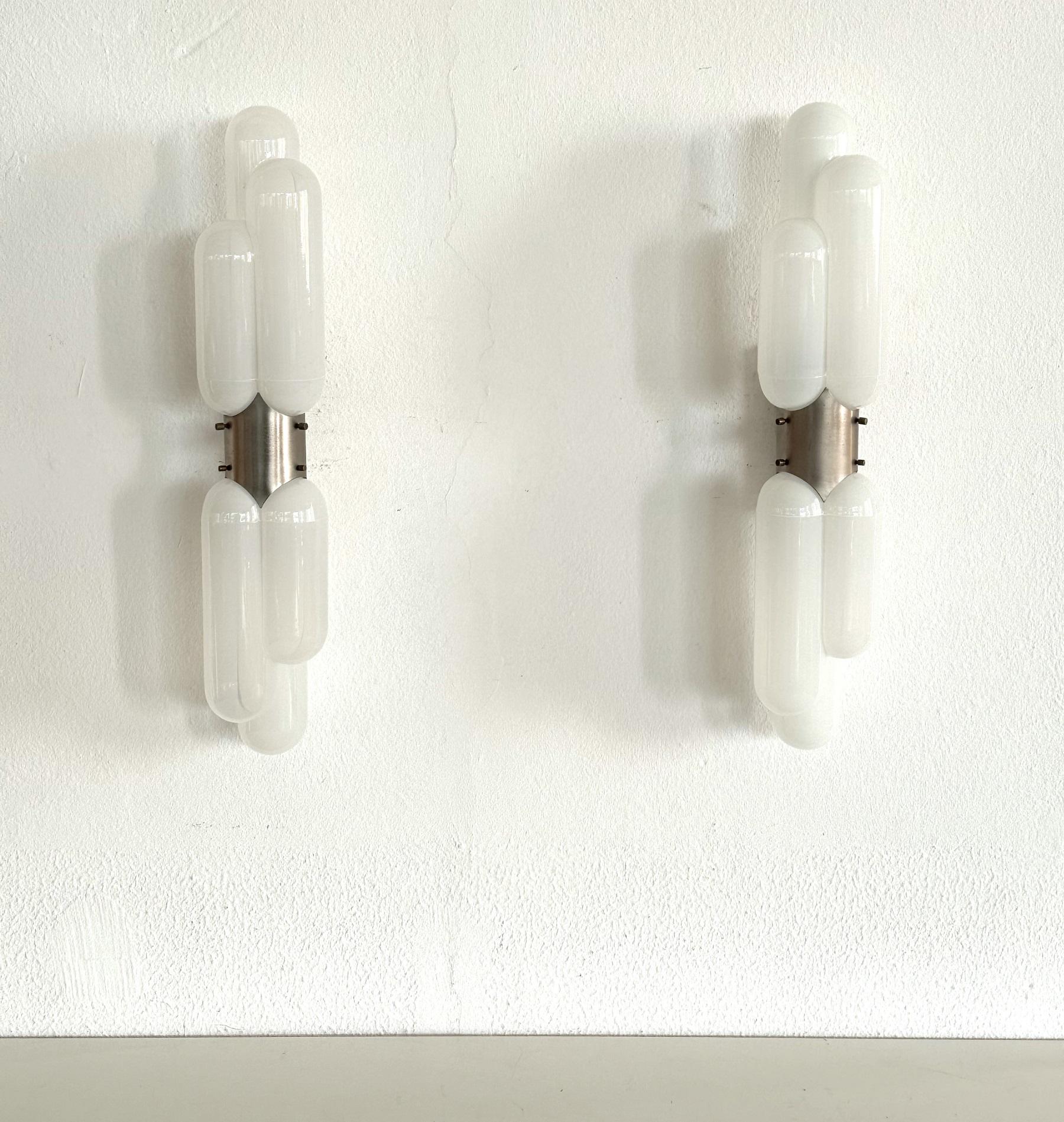 20th Century Carlo Nason 'Torpedo' Wall Sconces in Murano Opaline Glass for Mazzega, Set of 2