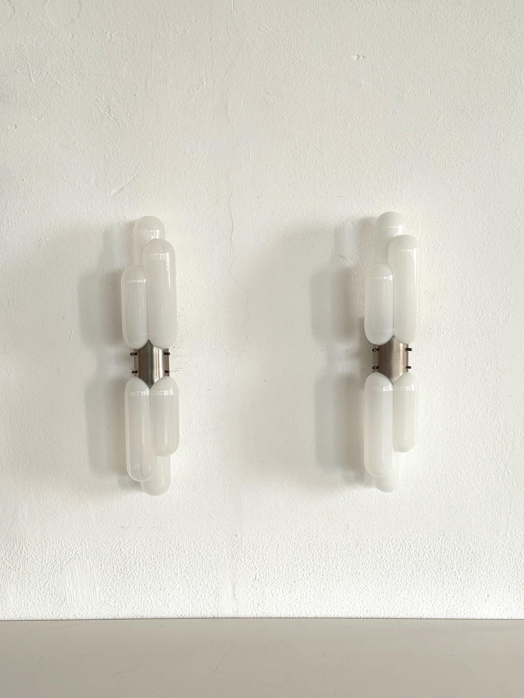 Art Glass Carlo Nason 'Torpedo' Wall Sconces in Murano Opaline Glass for Mazzega, Set of 2