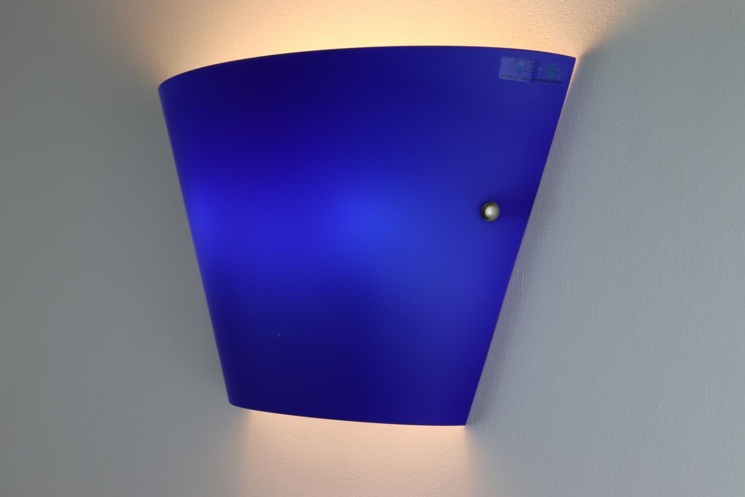 Mid-Century Modern Carlo Nason Wall Lamp Murano Hand Blown Glass Blue Satin Finish For Sale