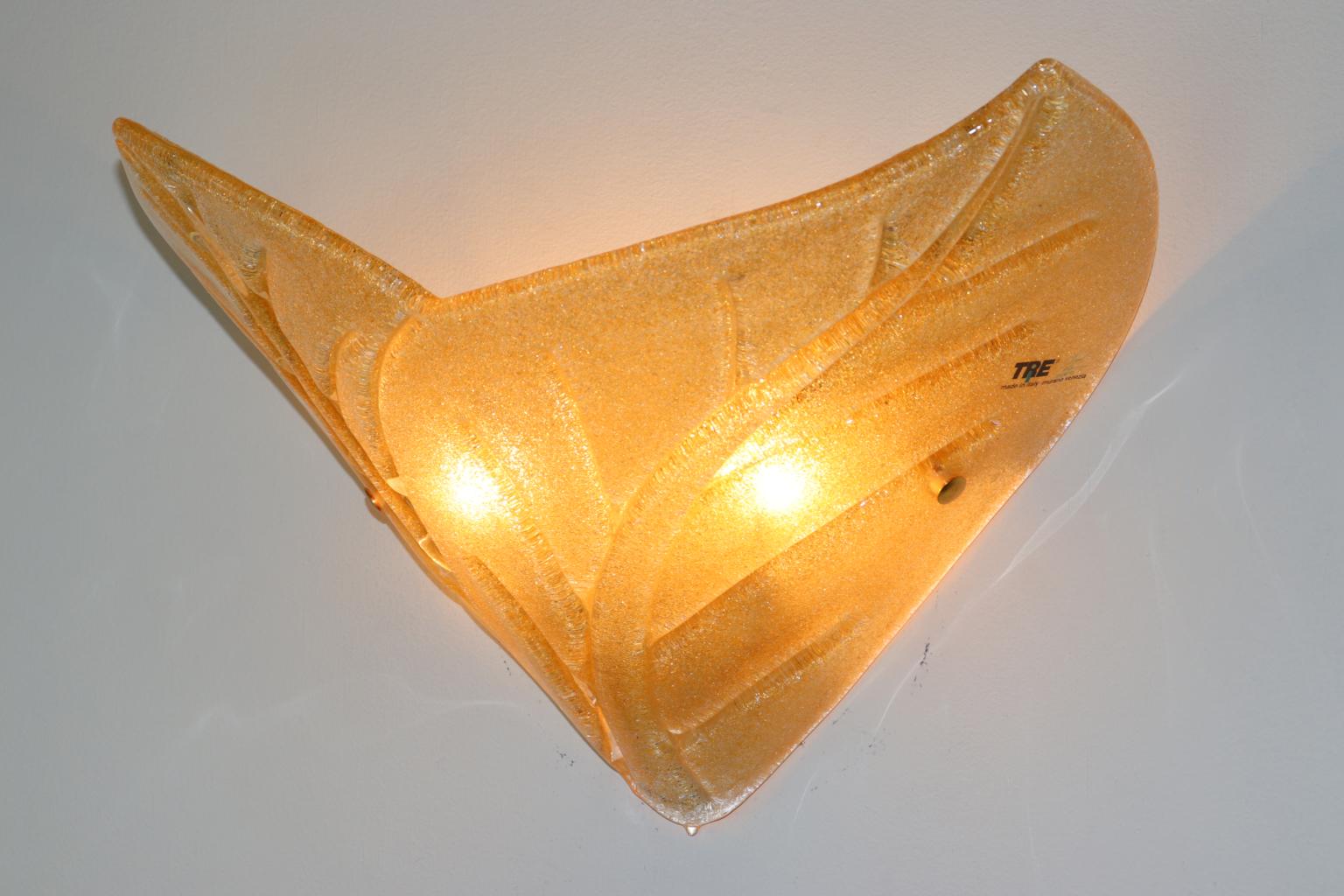 Hand-Crafted Carlo Nason Wall Lamp Murano Hand Cast Glass Amber Rugiada For Sale
