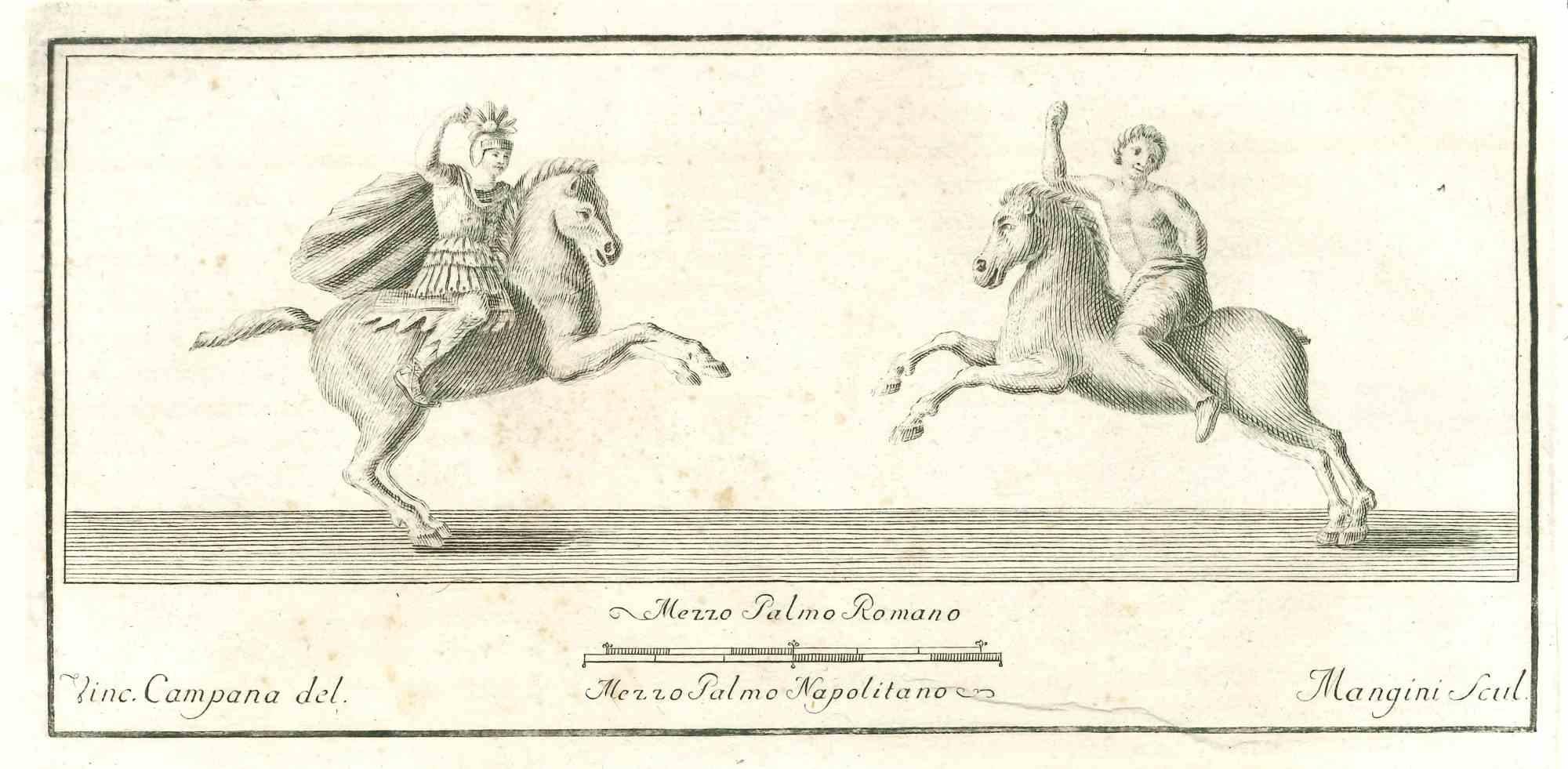 Ancient Roman Statue, from the series "Antiquities of Herculaneum", is an original etching on paper realized by Pietro Mangini in the 18th century.

Signed on the plate on the lower Right.

Good conditions except for diffused foxings.

The etching